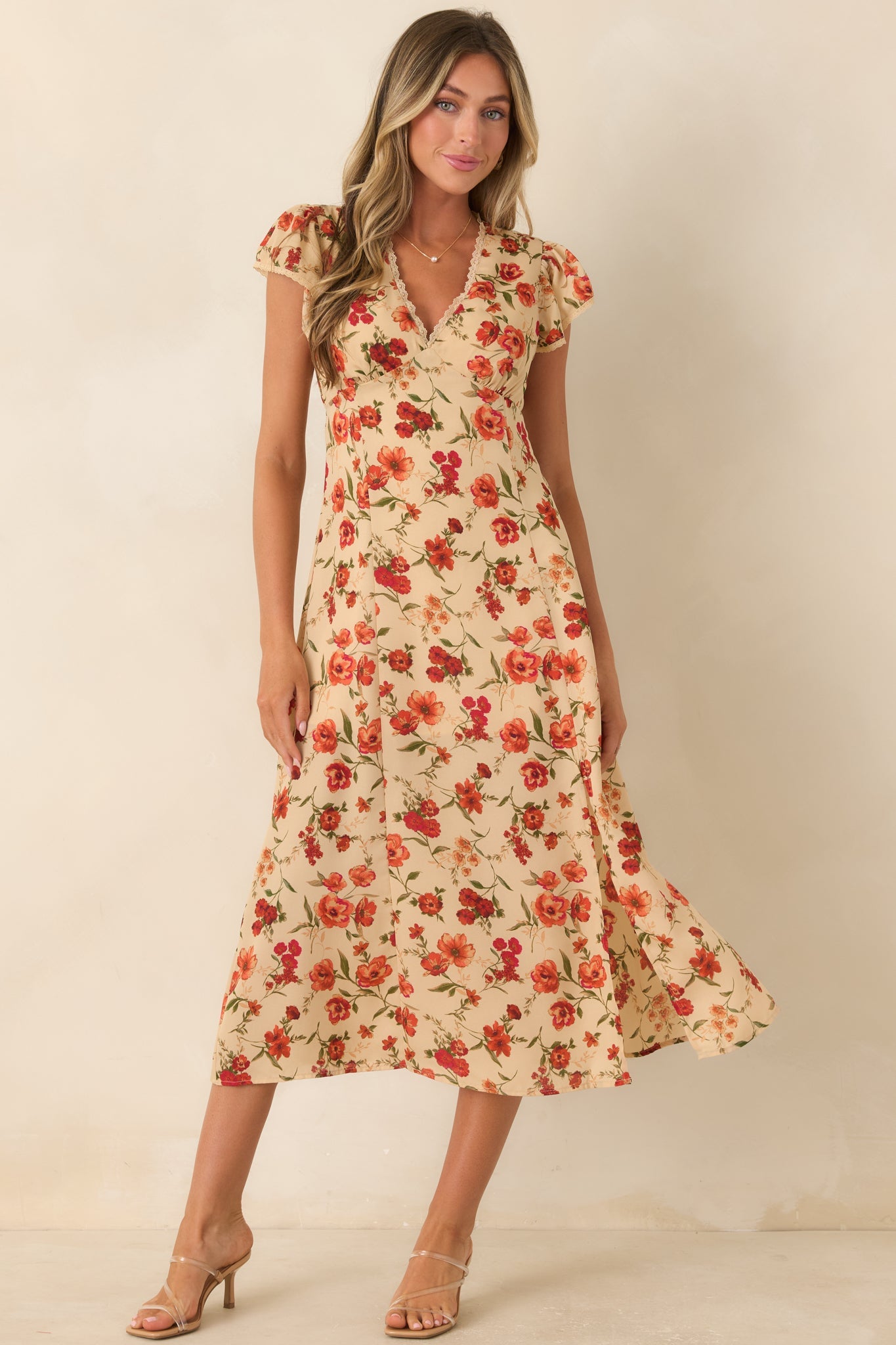 Tender Moments Light Beige Floral Lace-Trim Midi Dress