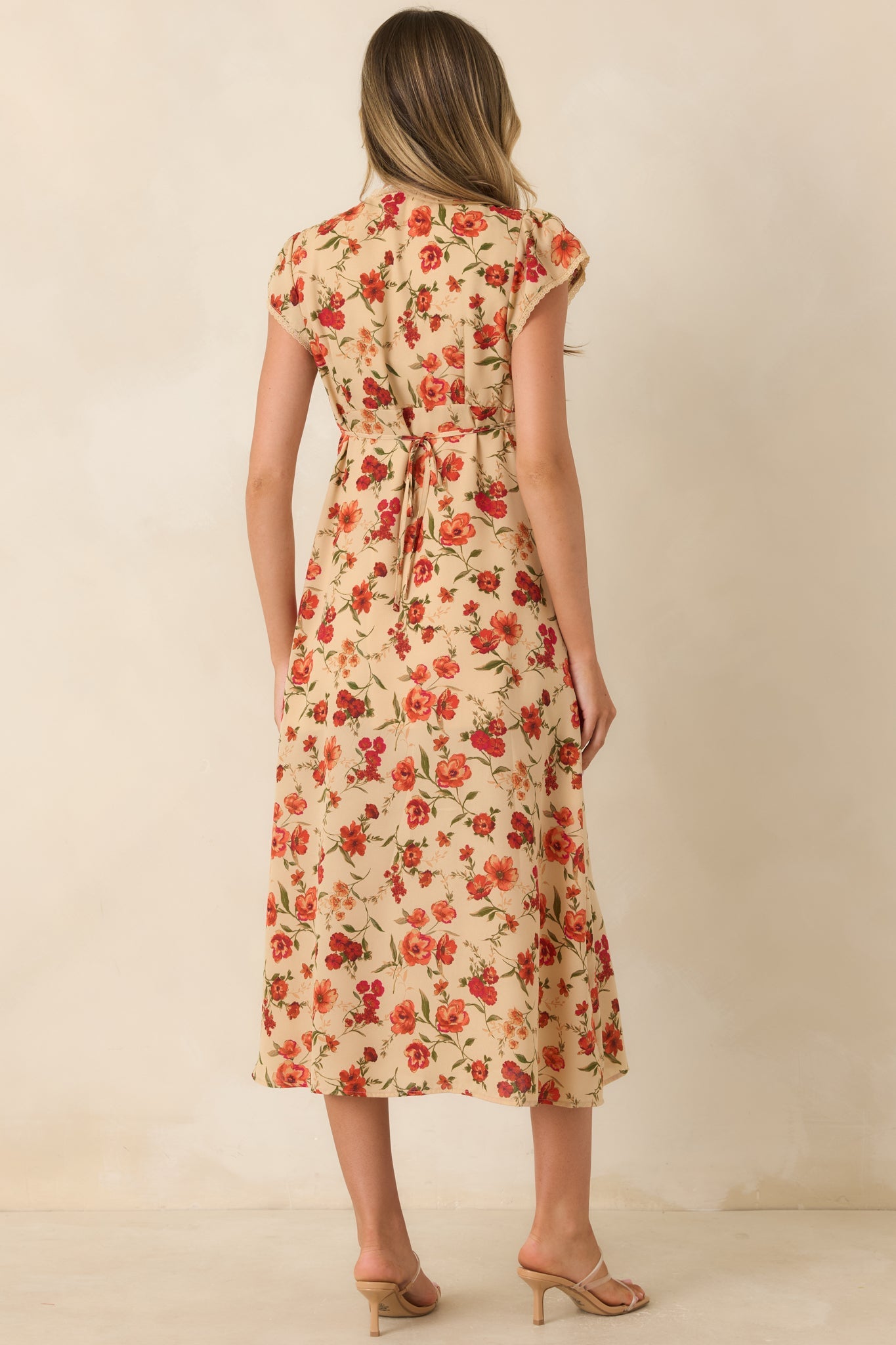 Tender Moments Light Beige Floral Lace-Trim Midi Dress