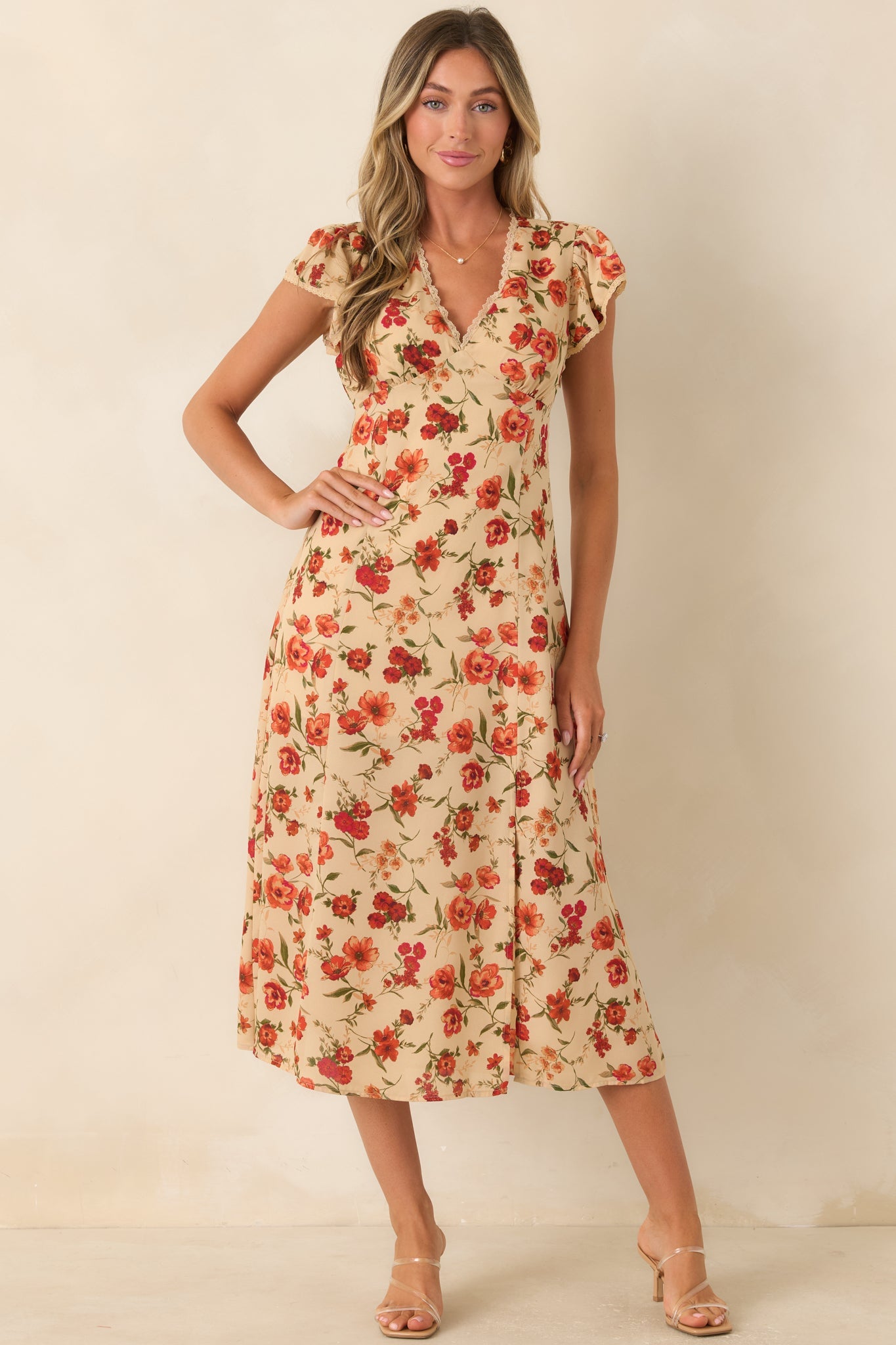 Tender Moments Light Beige Floral Lace-Trim Midi Dress