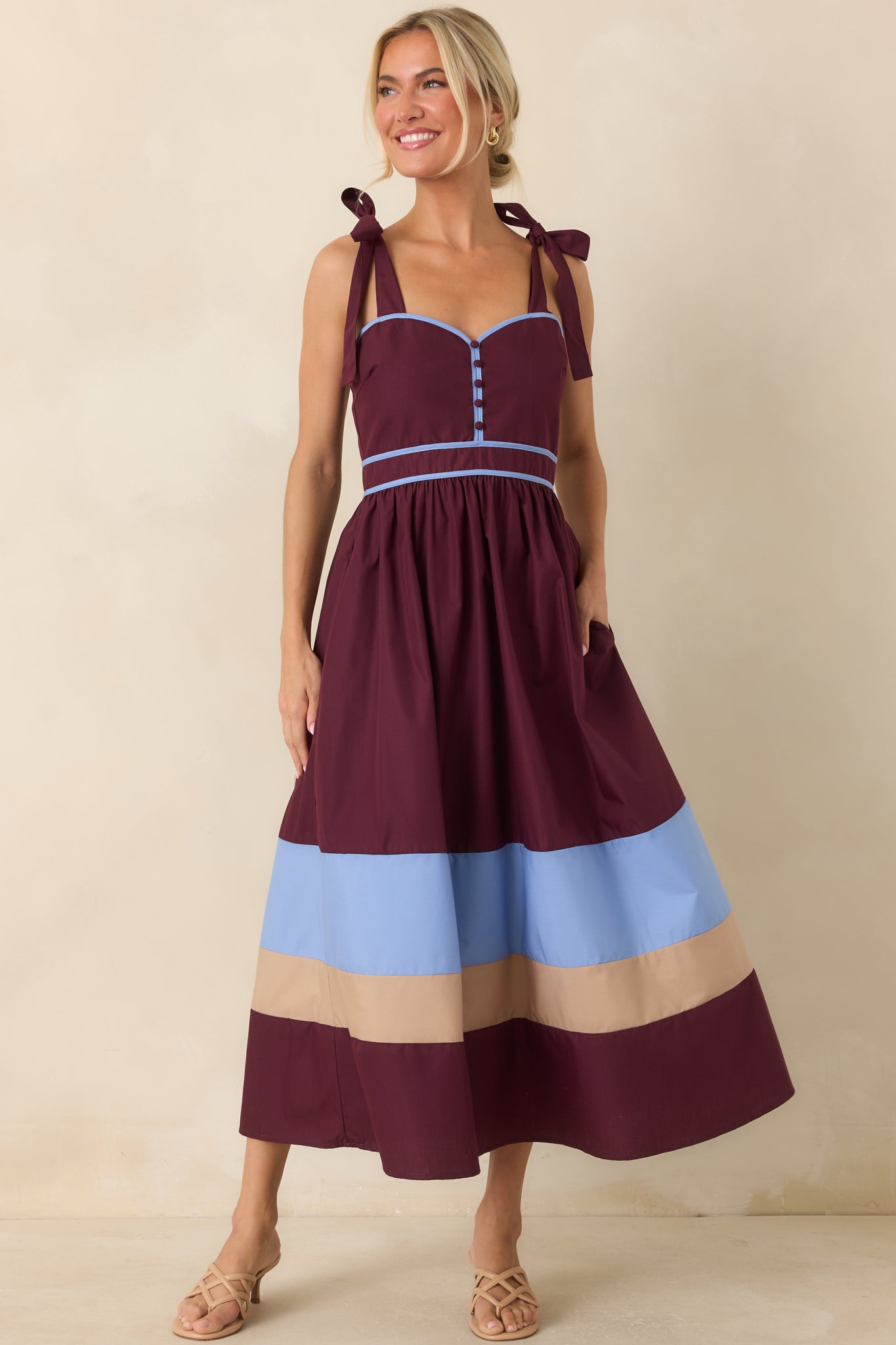 Worth the Detour Berry & Powder Blue Contrast Midi Dress