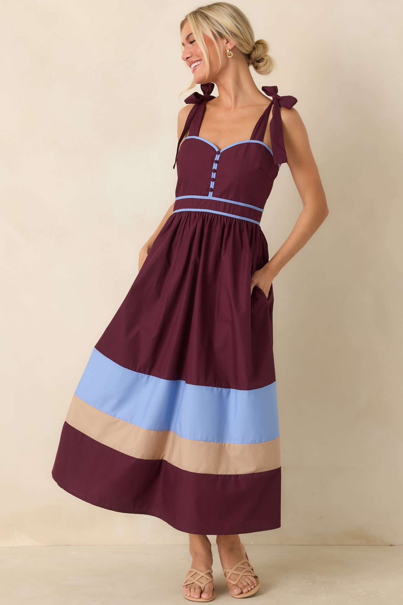 Worth the Detour Berry & Powder Blue Contrast Midi Dress