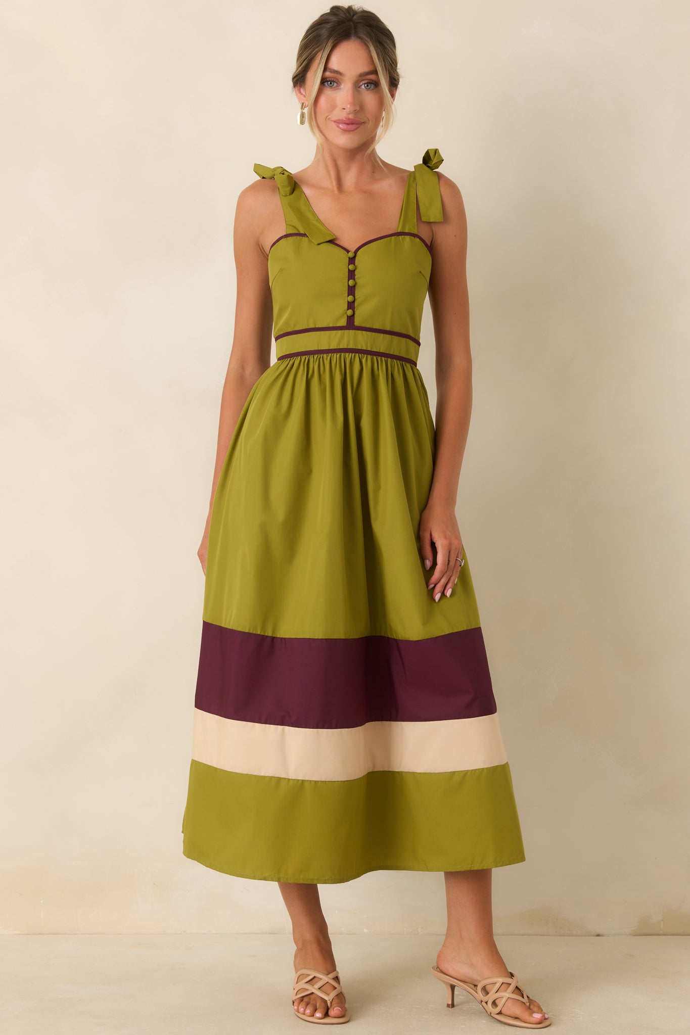 Worth the Detour Olive & Berry Contrast Midi Dress