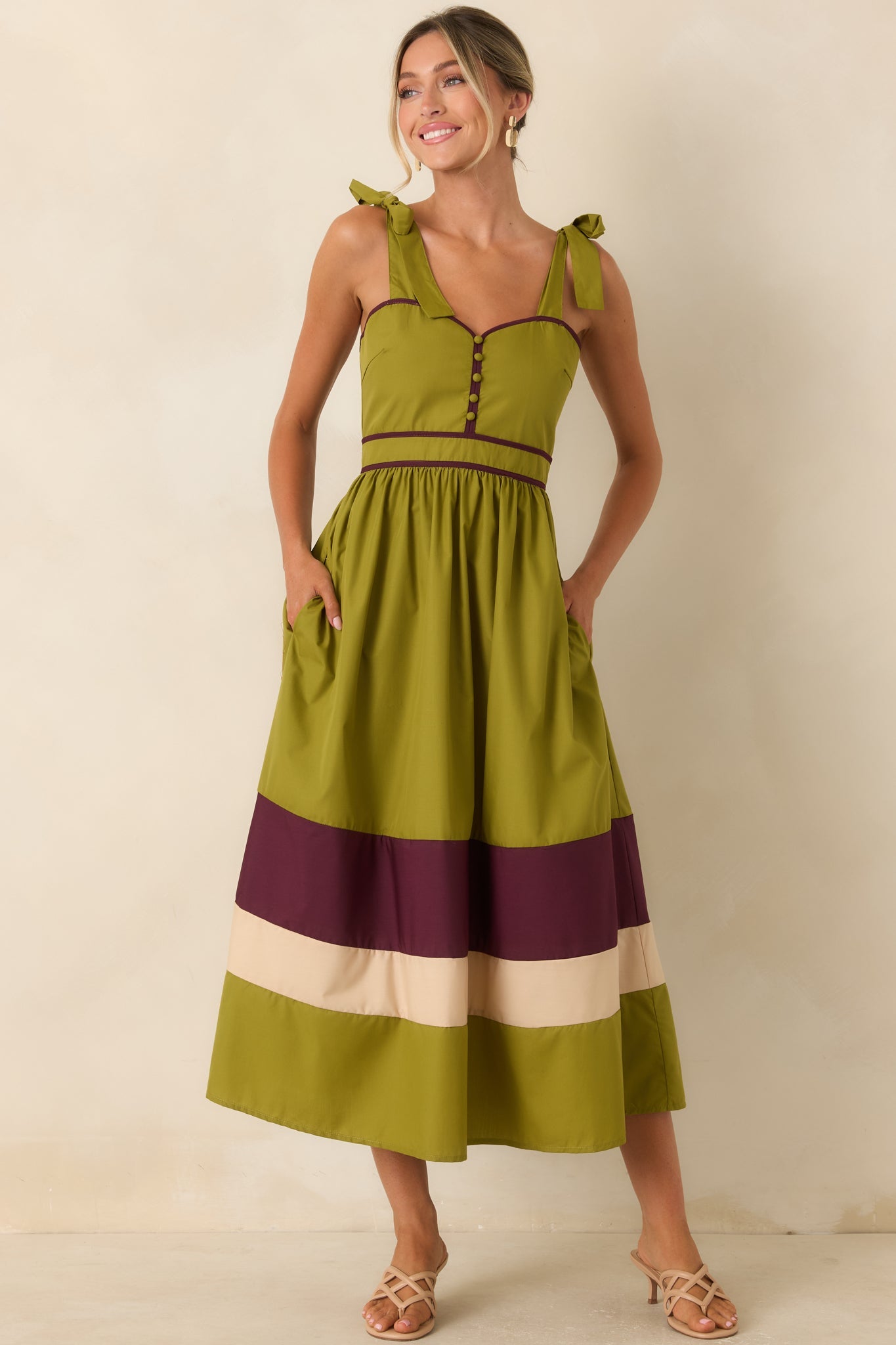 Worth the Detour Olive & Berry Contrast Midi Dress