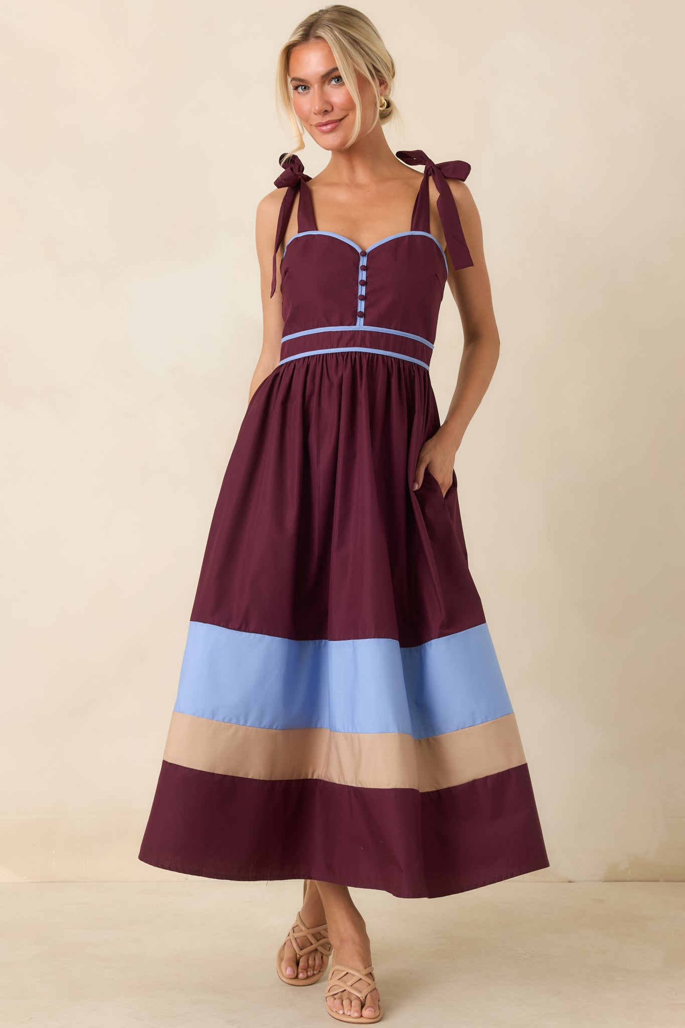 Worth the Detour Berry & Powder Blue Contrast Midi Dress