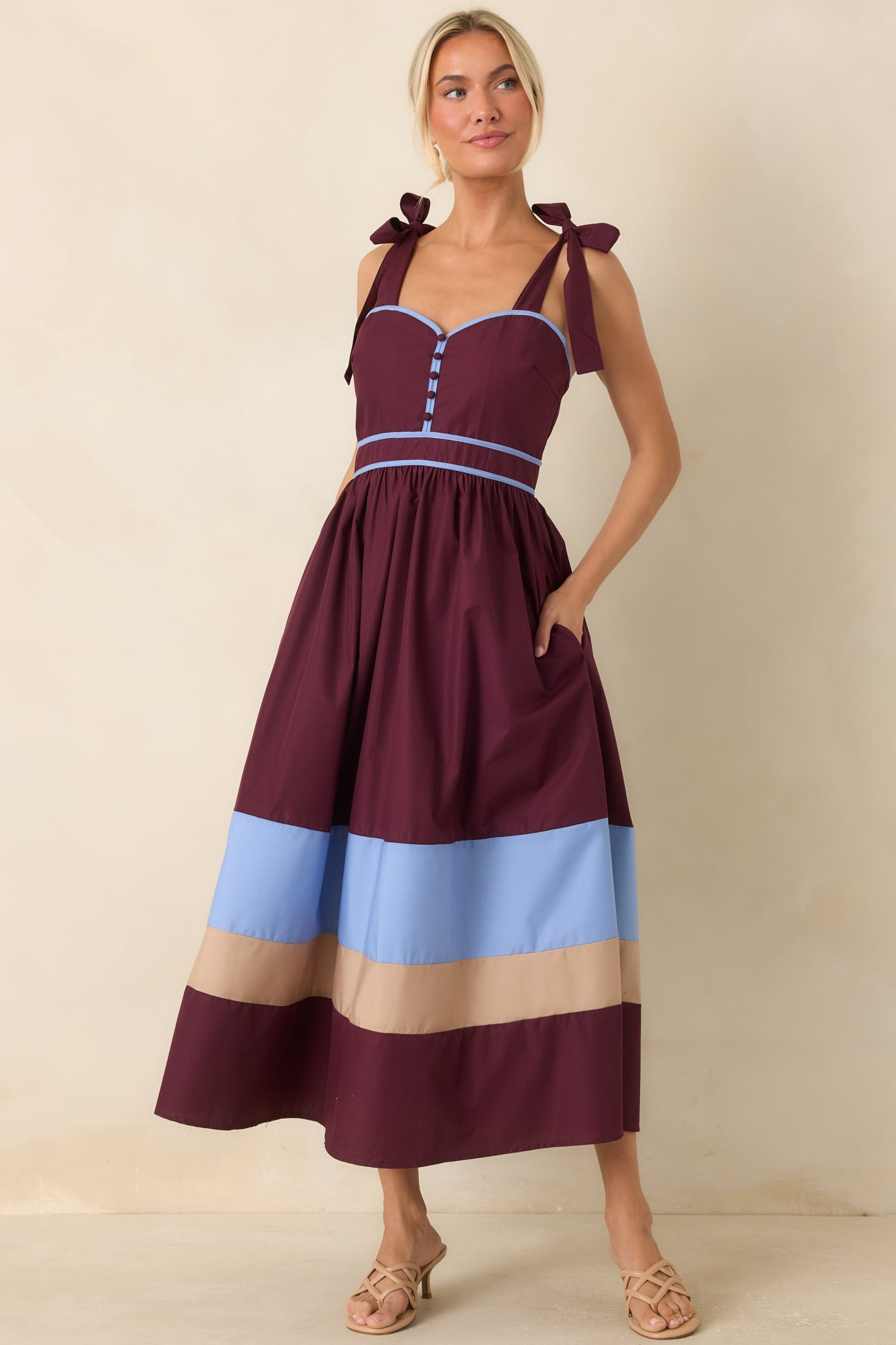 Worth the Detour Berry & Powder Blue Contrast Midi Dress