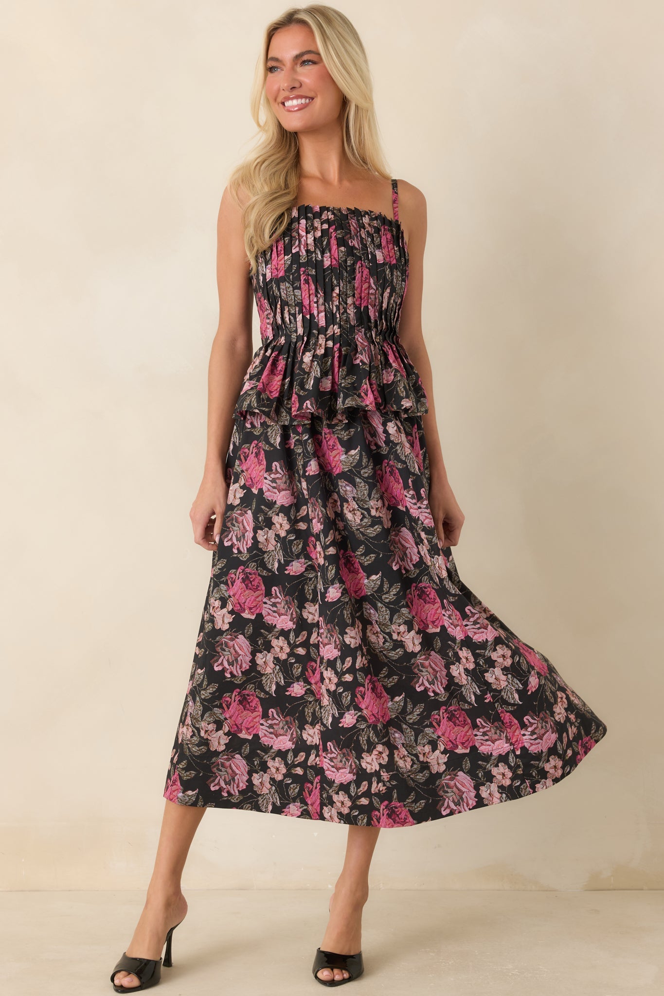A Very Good Reason Black Floral Cotton Pleated Peplum Midi Dress