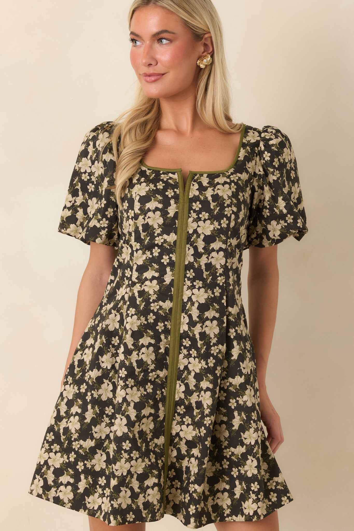 The Prettiest View Olive Green Floral Cotton Mini Dress