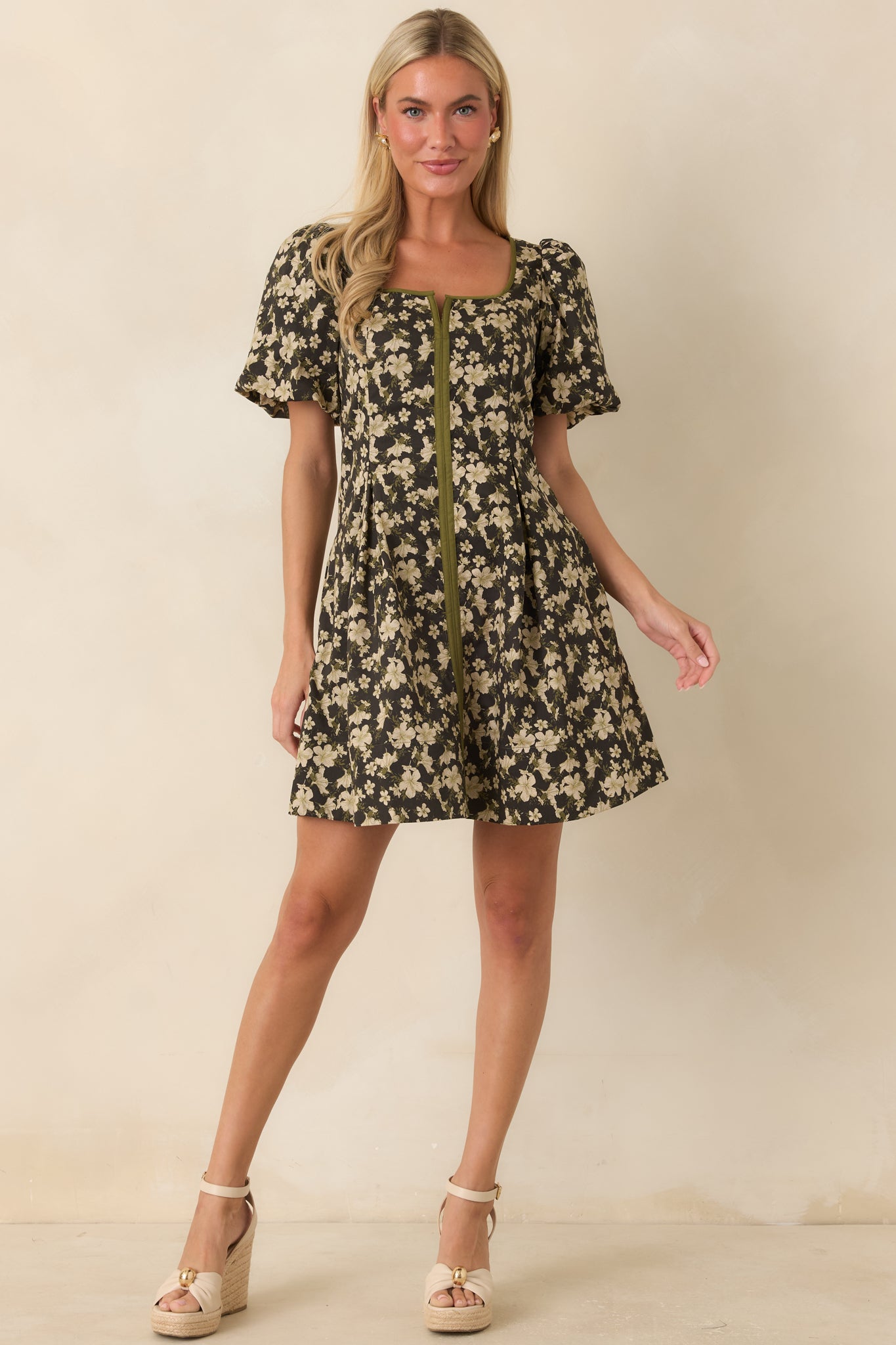 The Prettiest View Olive Green Floral Cotton Mini Dress