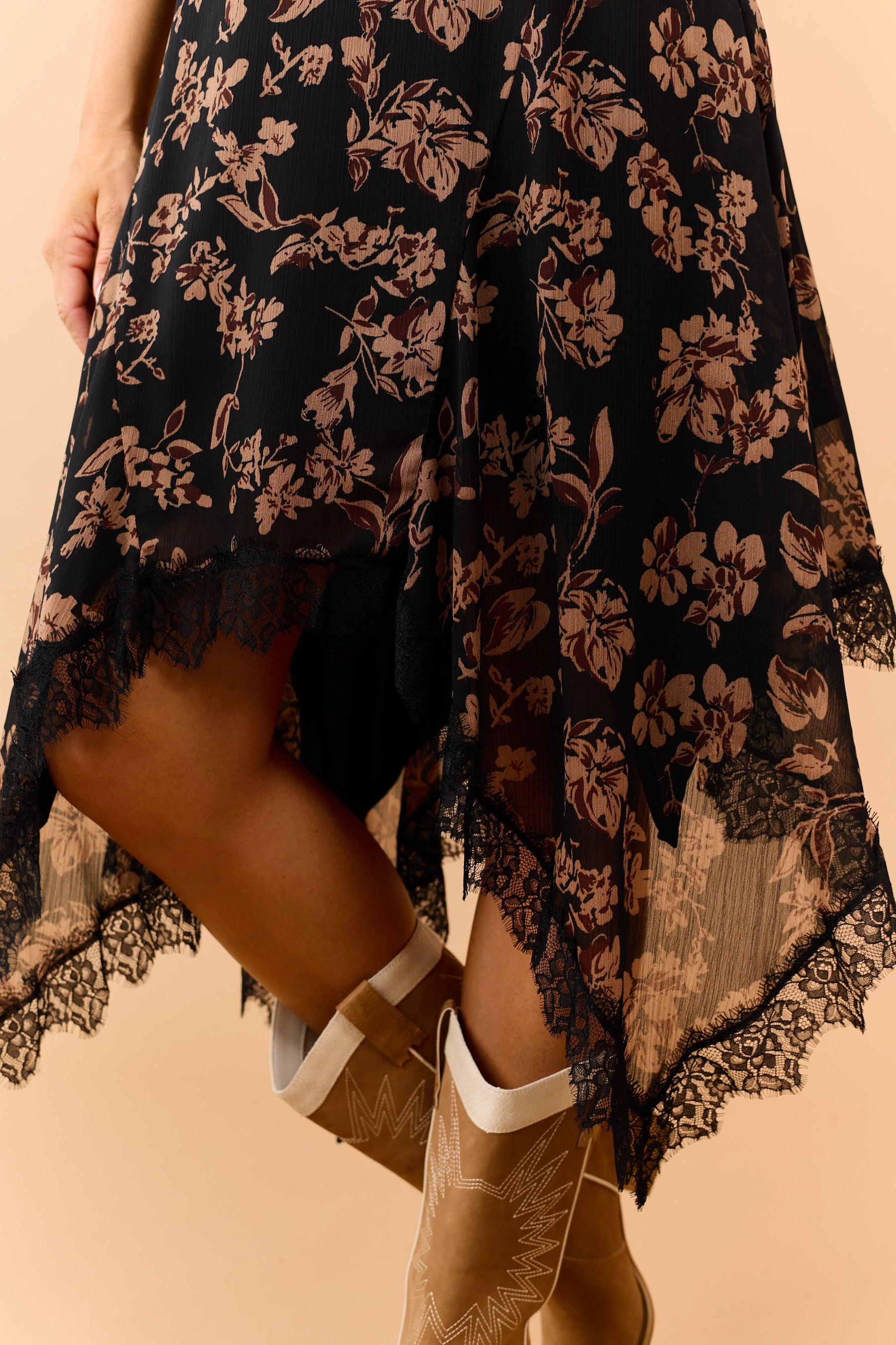 Black Floral Print Handkerchief Hem Midi Slip Dress
