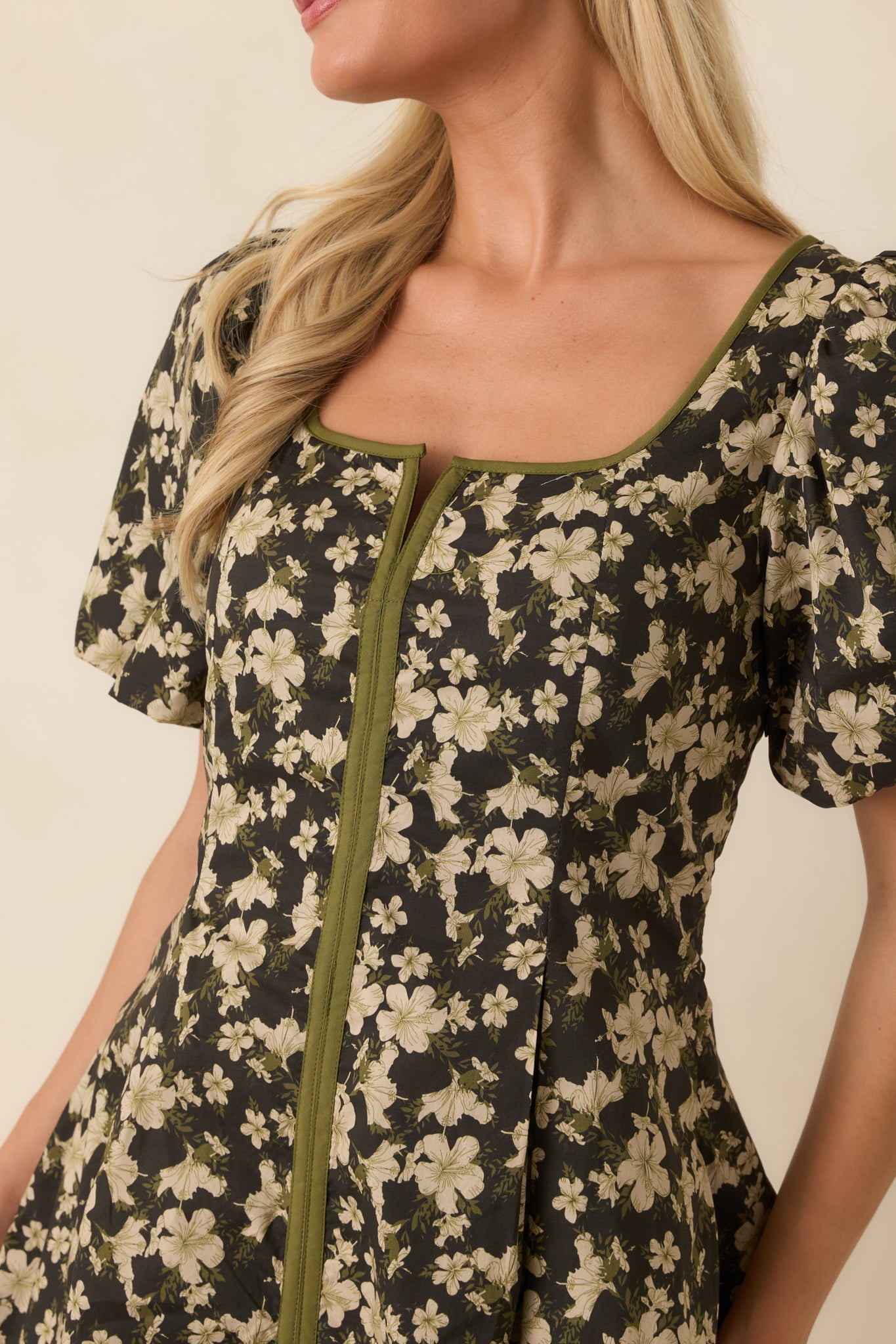 The Prettiest View Olive Green Floral Cotton Mini Dress