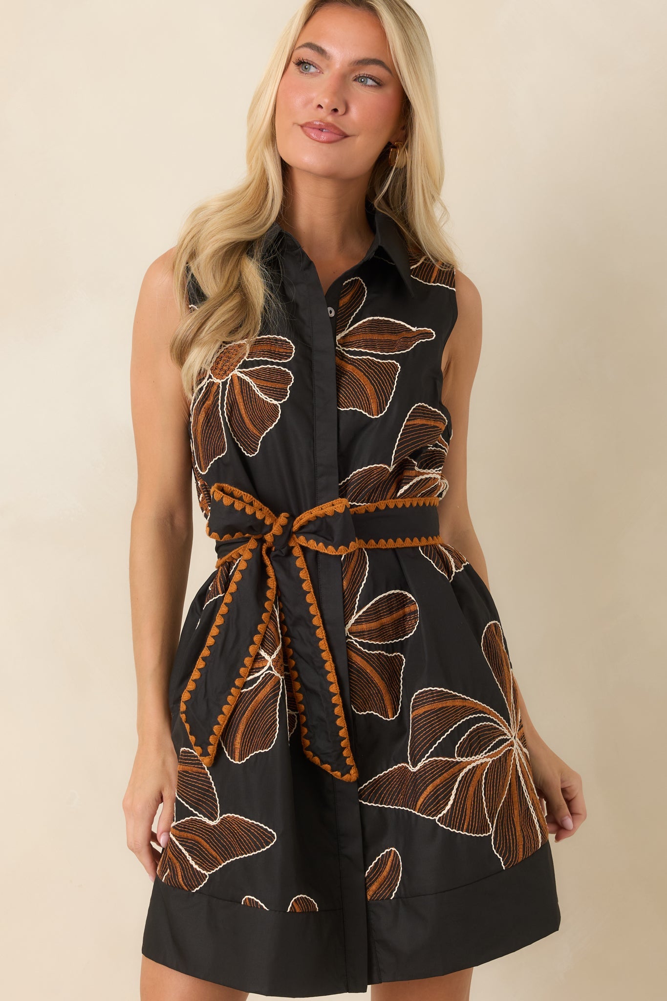 Drawn to You Black & Pumpkin Spice Embroidered Mini Dress