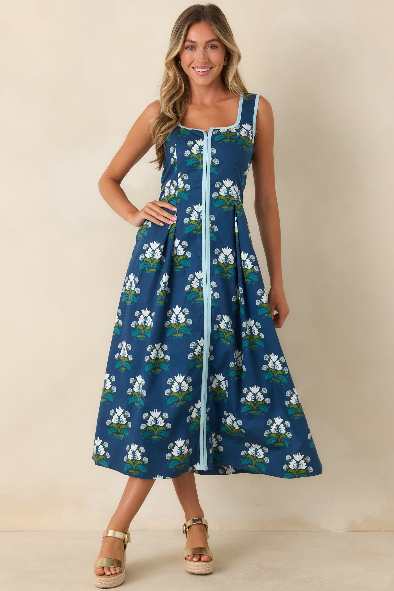 What I Had in Mind Deep Blue Floral Cotton Midi Dress
