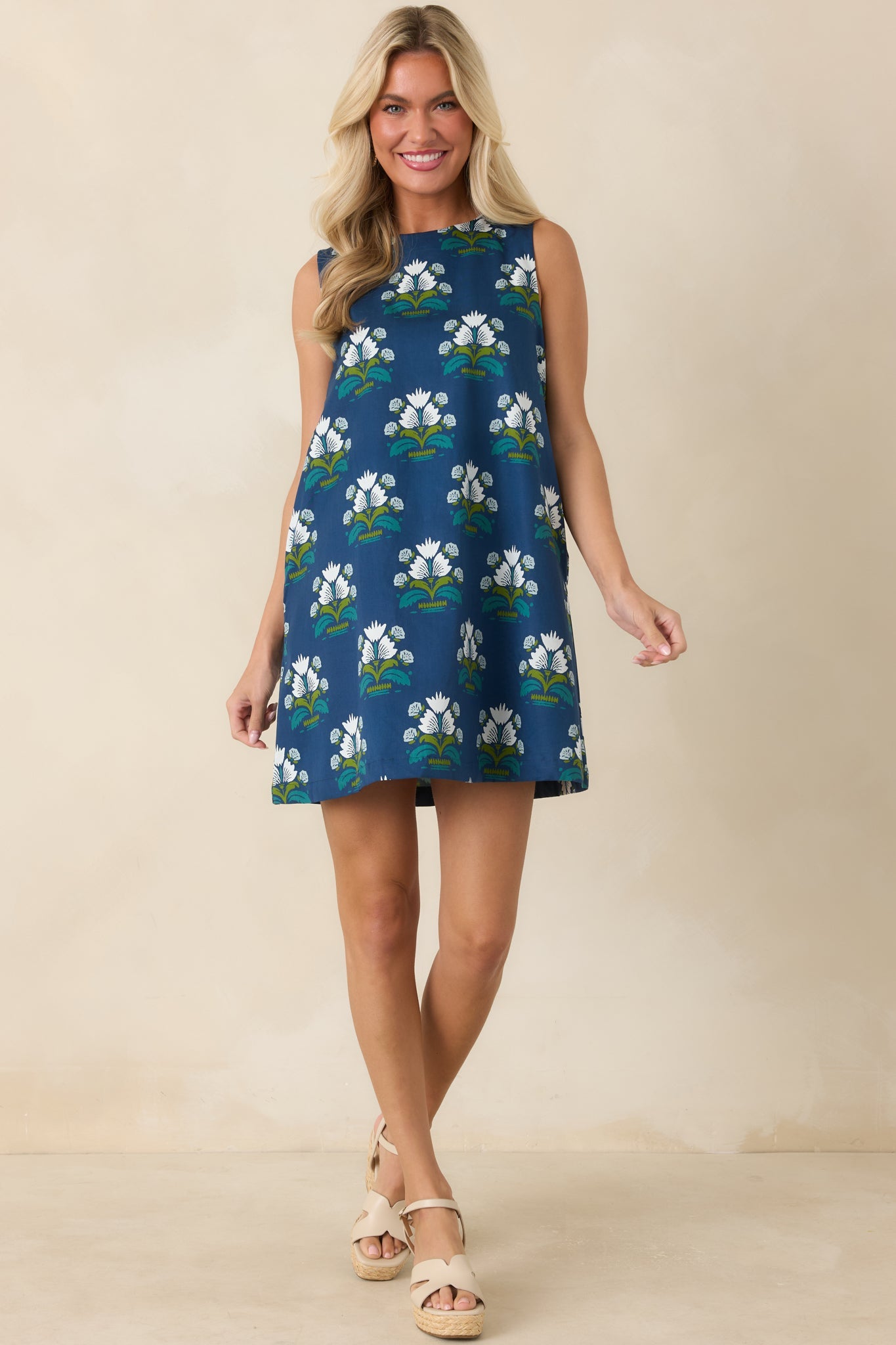 Just As I Imagined Deep Blue Floral Cotton Mini Dress