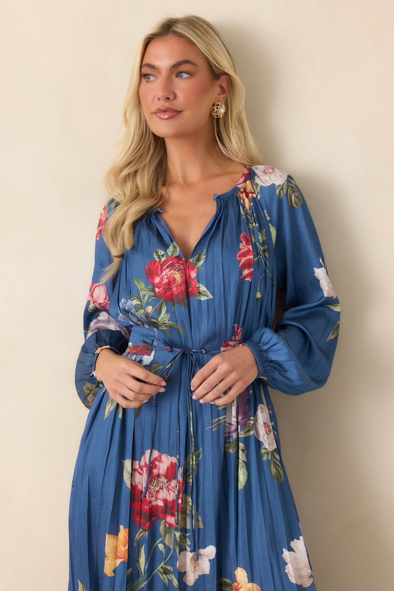 Take My Breath Away Blue Multi Floral Pleated Midi Dress