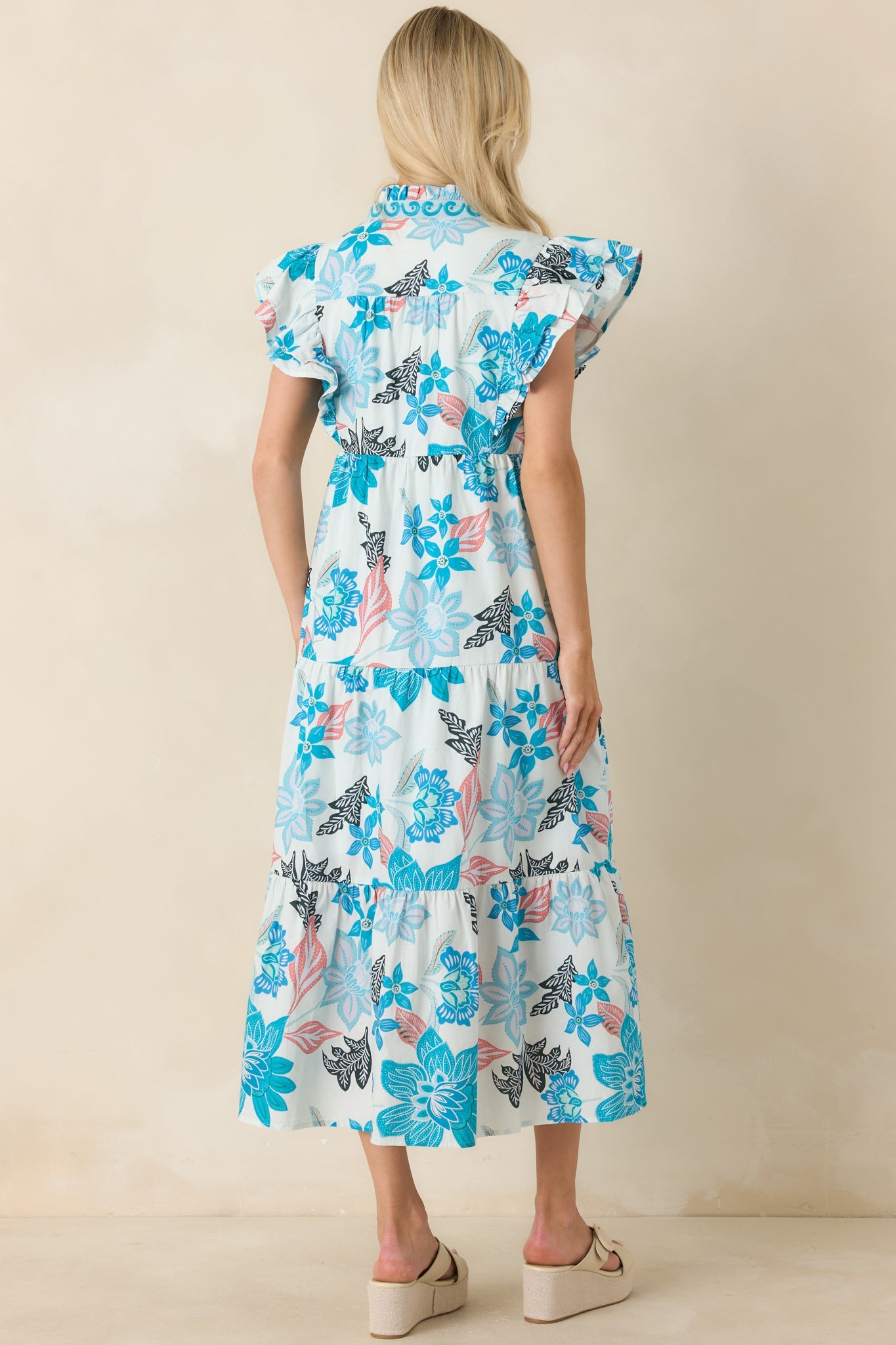 Artful Ease Teal Multi Embroidered Cotton Tiered Midi Dress