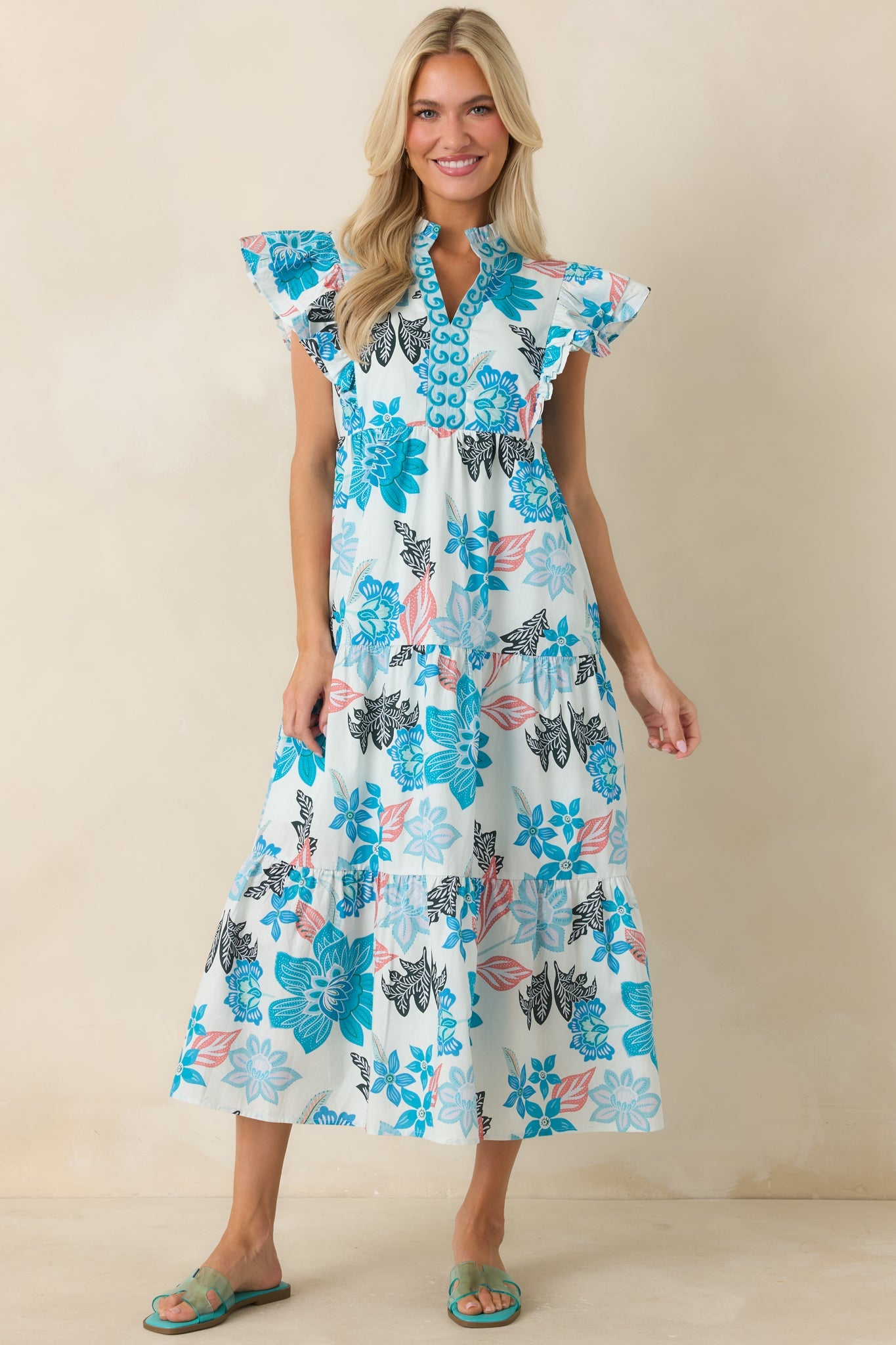 Artful Ease Teal Multi Embroidered Cotton Tiered Midi Dress