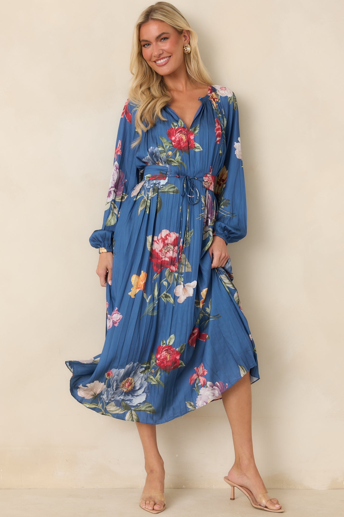 Take My Breath Away Blue Multi Floral Pleated Midi Dress