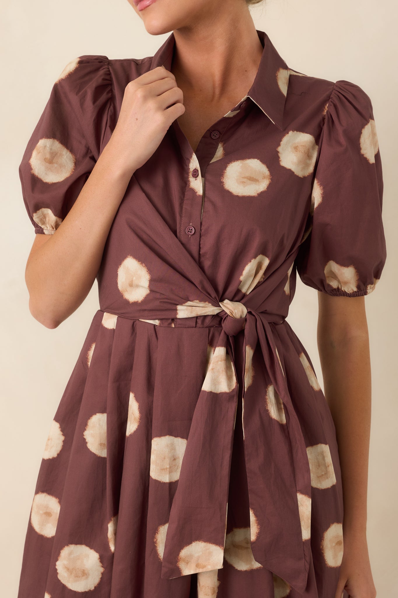 Gather Around Rust Brown Dot Print Cotton Midi Dress