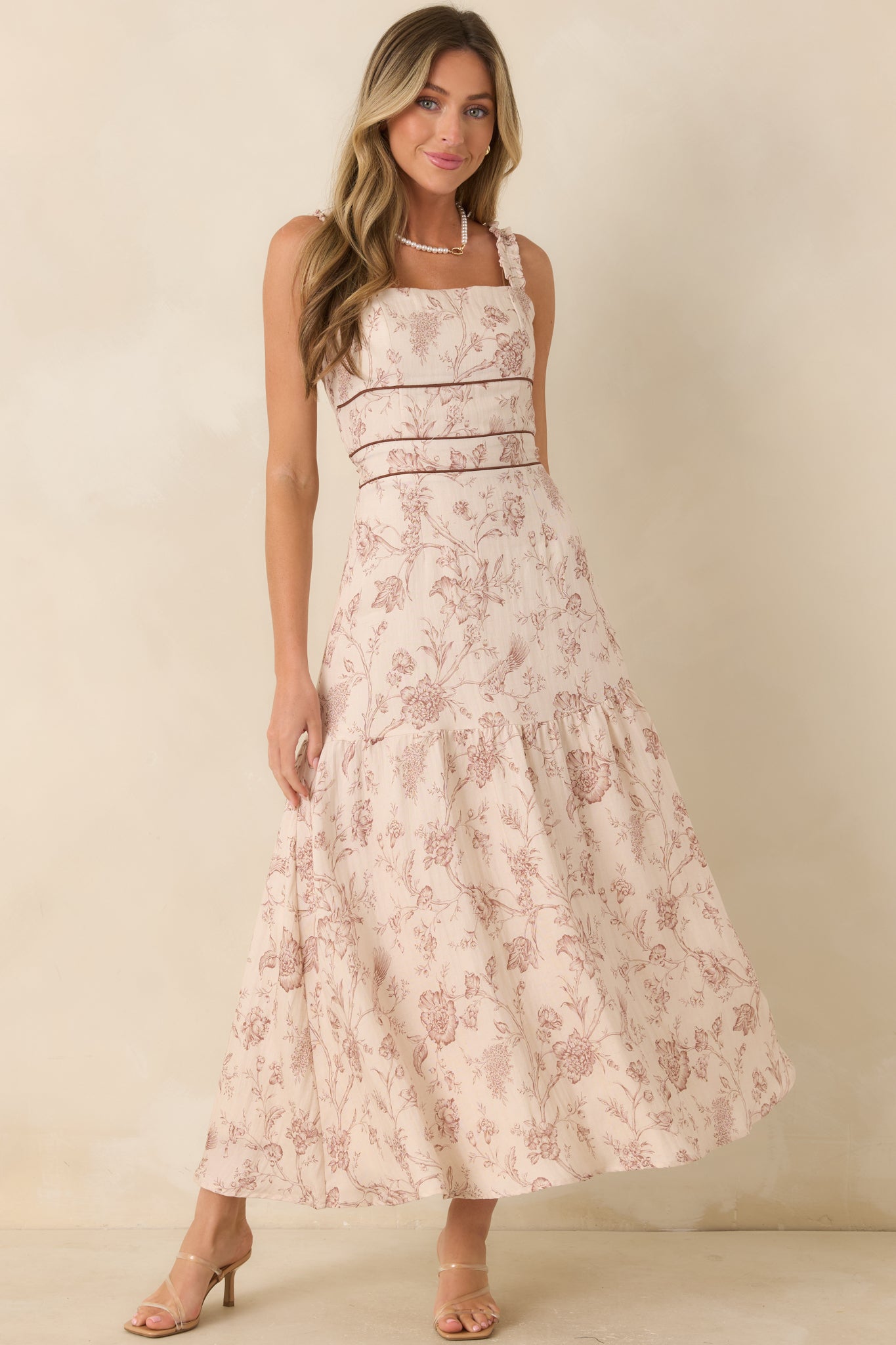 Poetry in Print Ivory & Brown Floral Ruffle Strap Maxi Dress