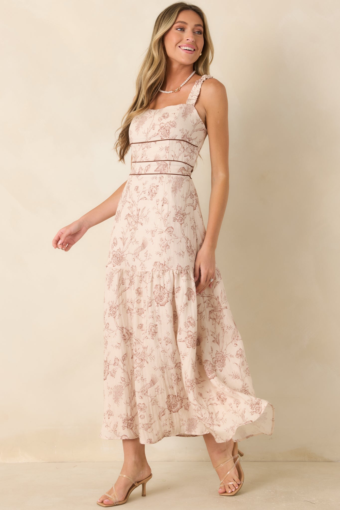 Poetry in Print Ivory & Brown Floral Ruffle Strap Maxi Dress