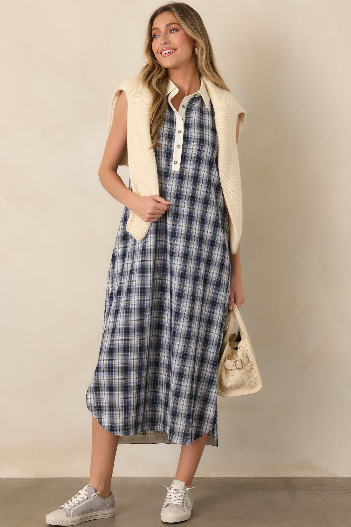 Small Town Story Navy Plaid Cotton Midi Dress