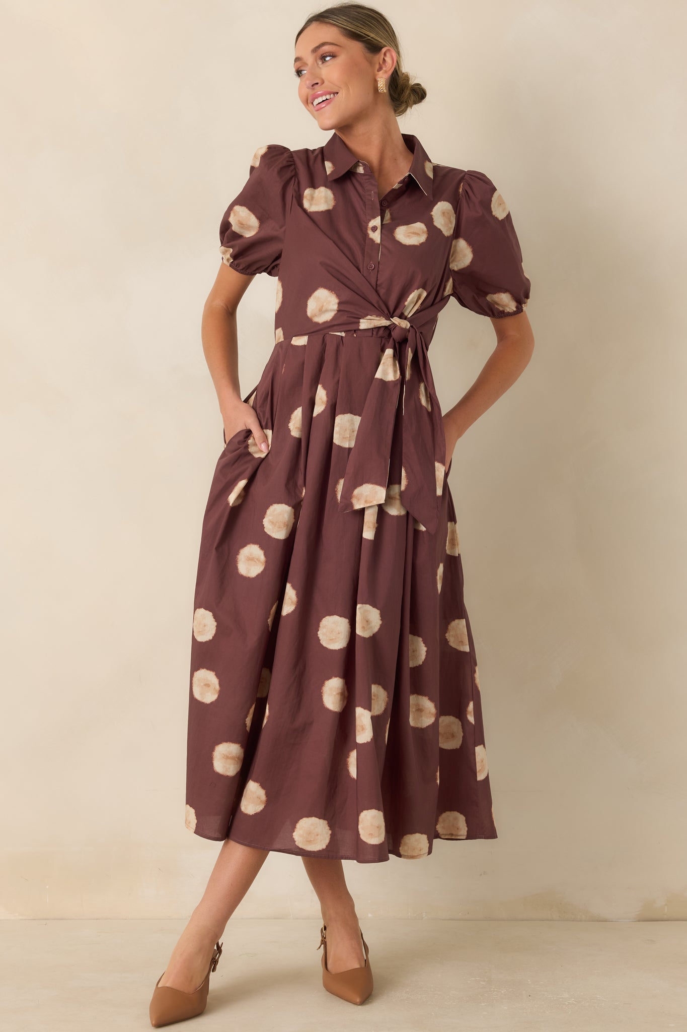 Gather Around Rust Brown Dot Print Cotton Midi Dress