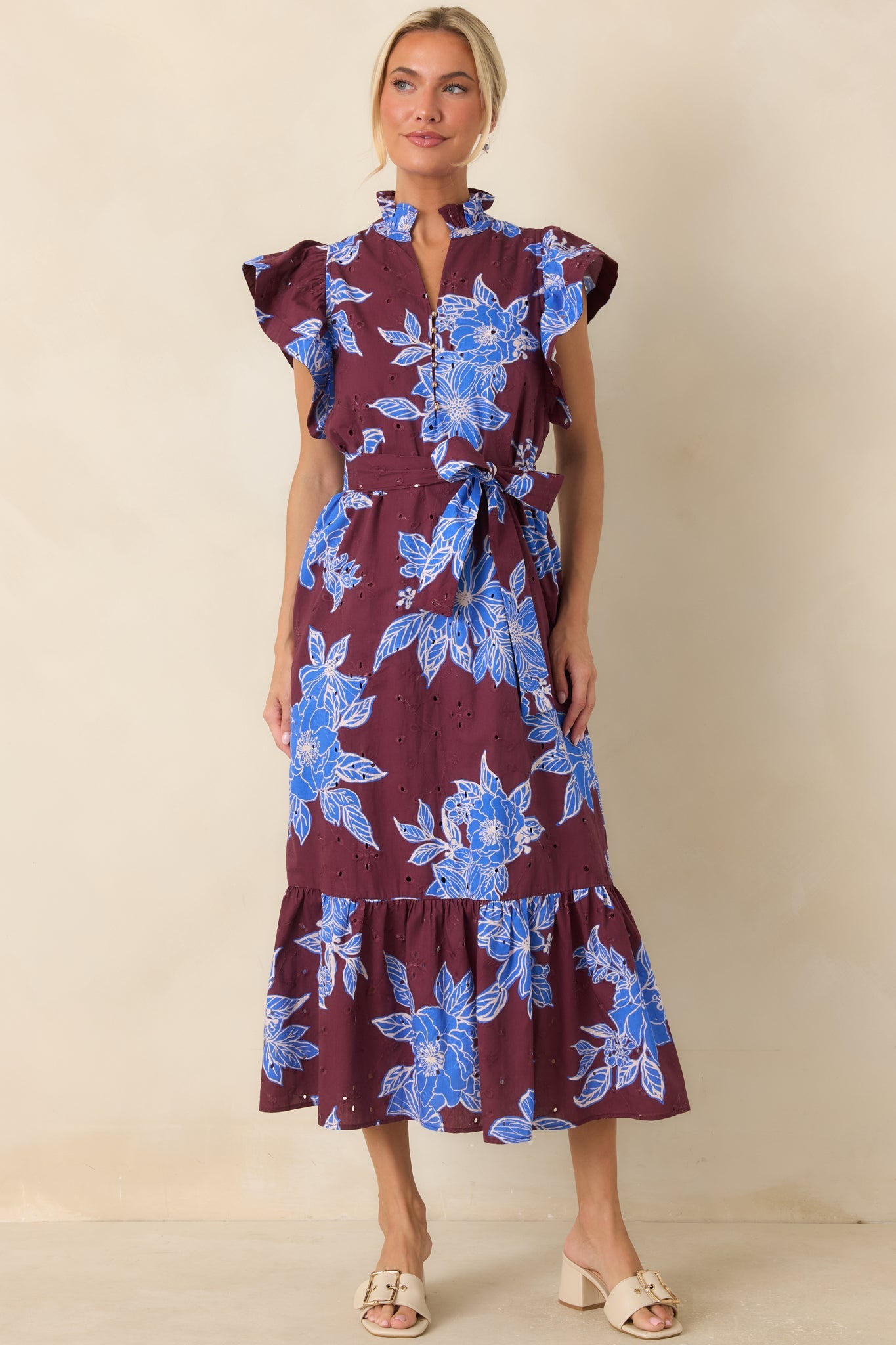 Fresh Air Affair Wine & Cobalt Floral Cotton Eyelet Midi Dress