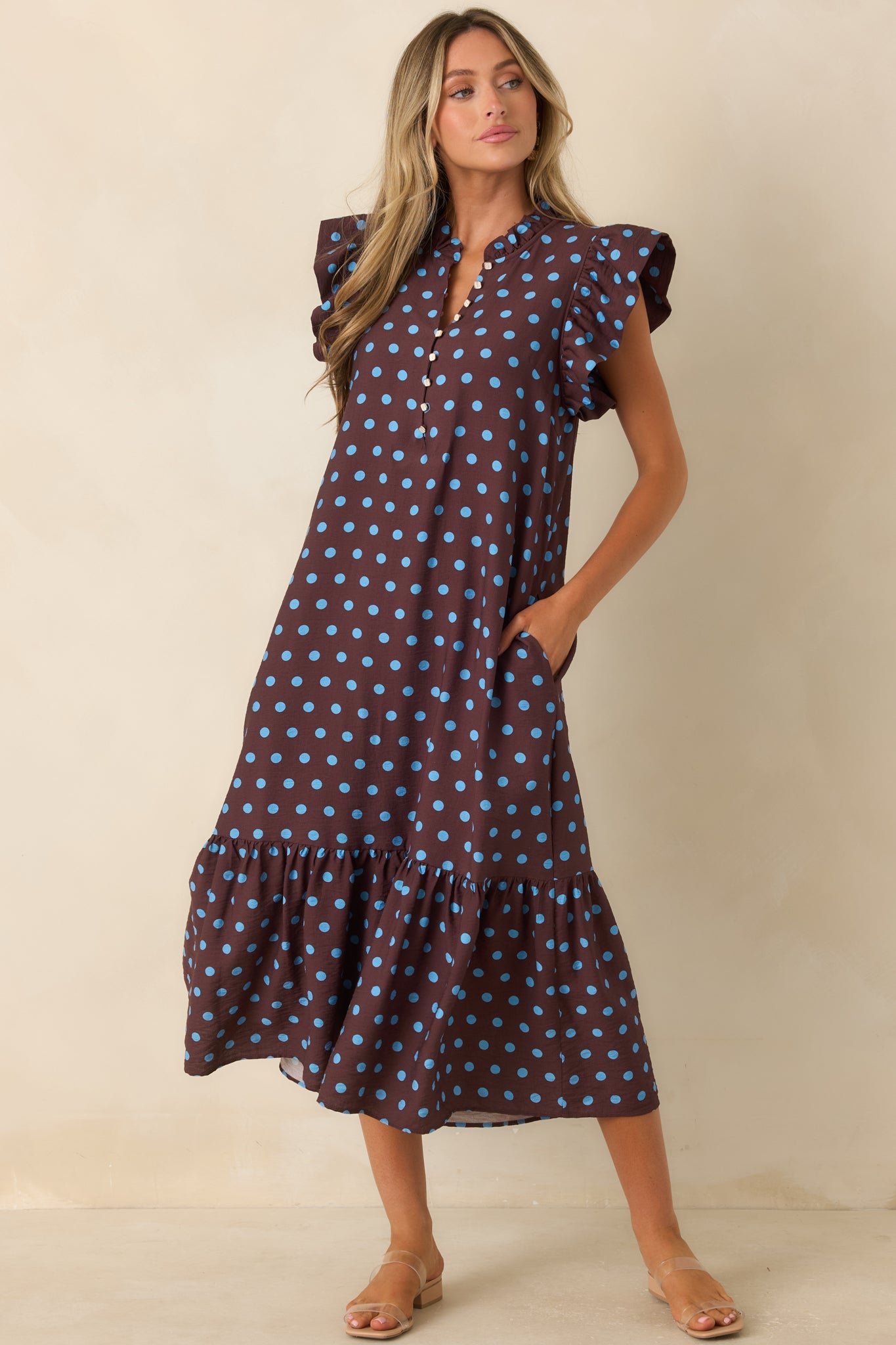 Get a Corner Table Brown & Blue Polka Dot Flutter Sleeve Midi Dress