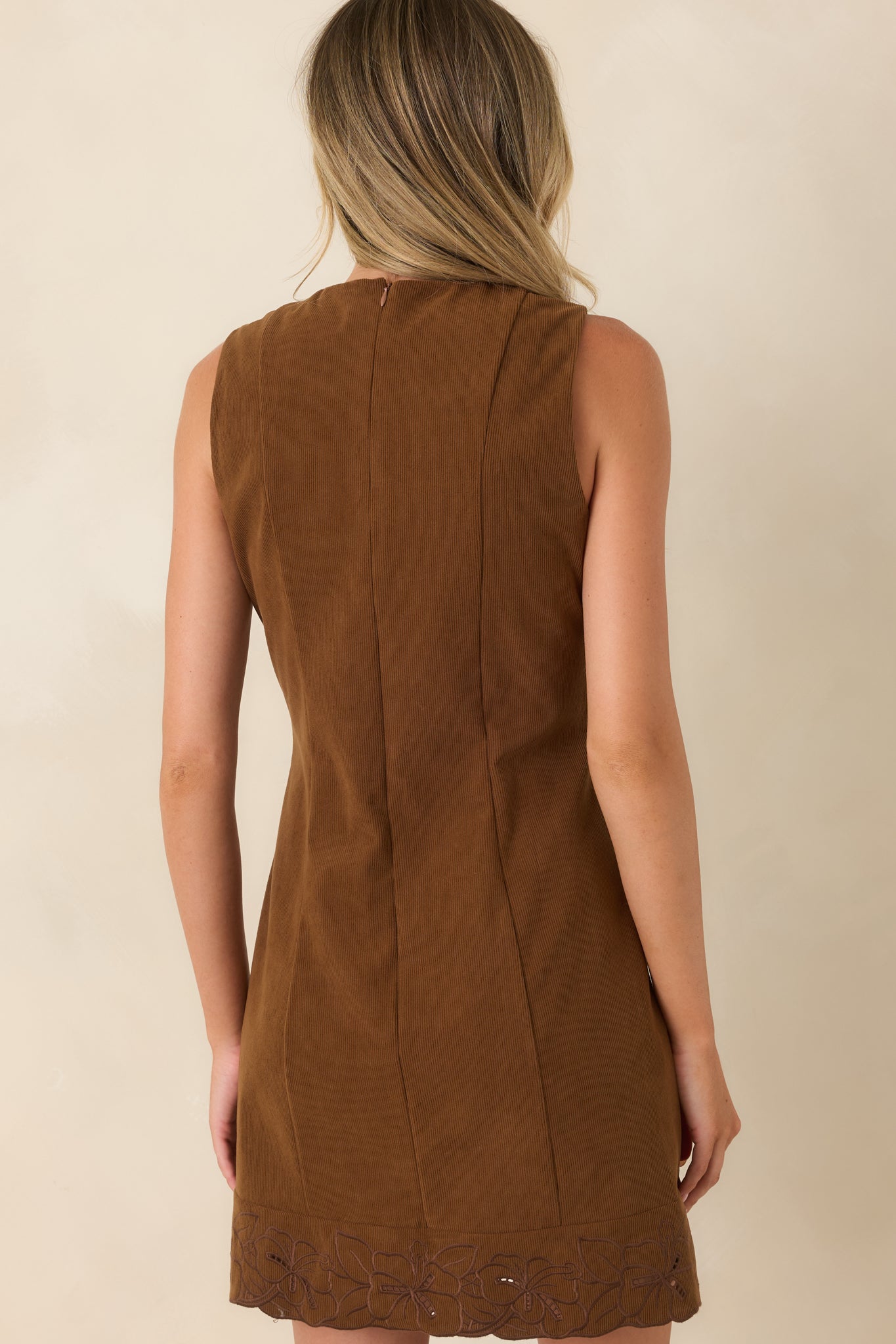 In Fine Detail Brown Corduroy Embroidered Mini Dress