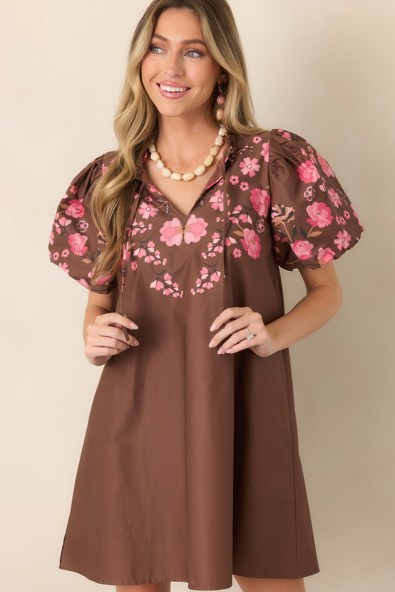 Pretty Particular Brown & Pink Floral Cotton Mini Dress