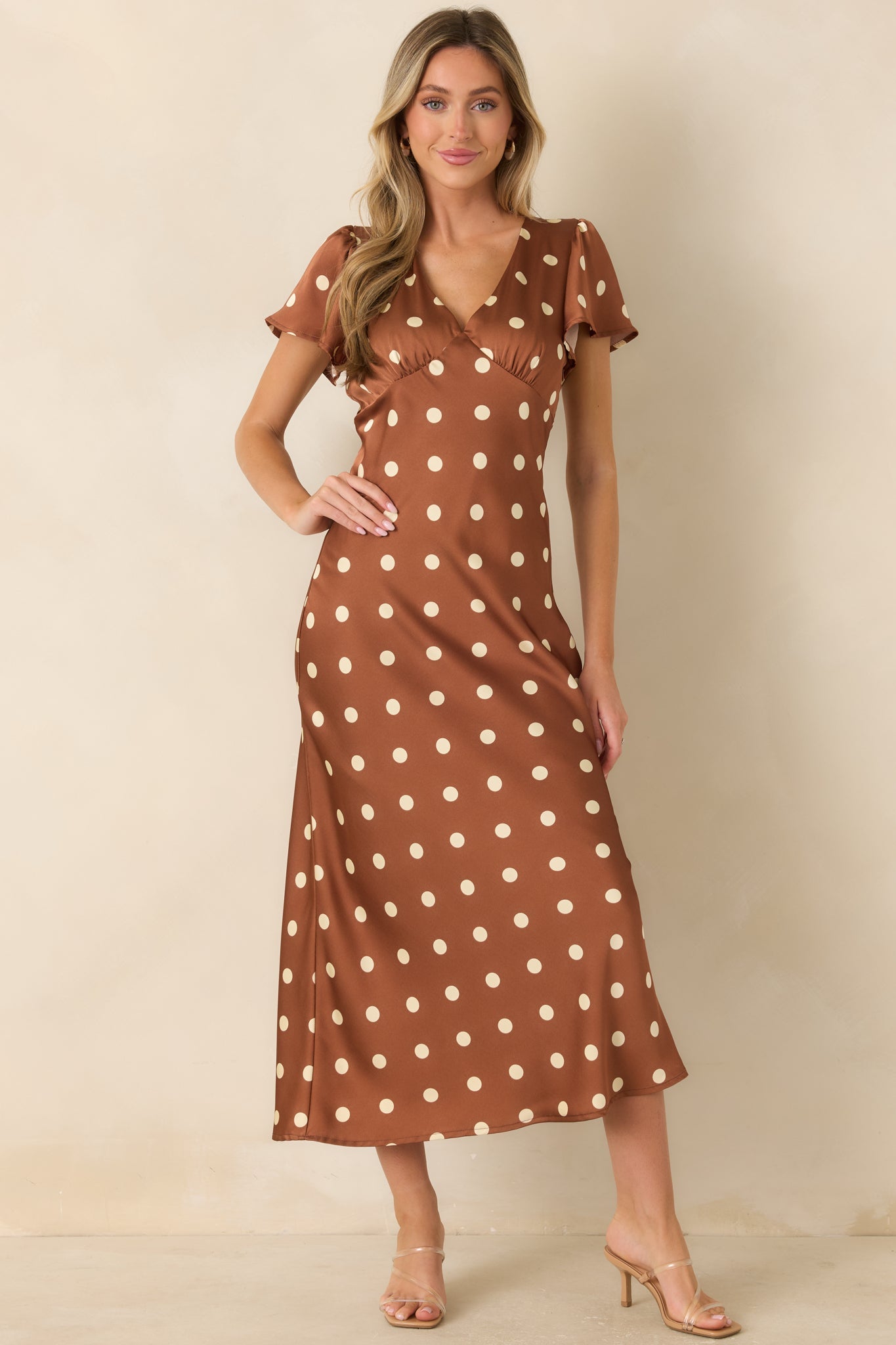Forever Classic Brown Polka Dot Satin Midi Dress