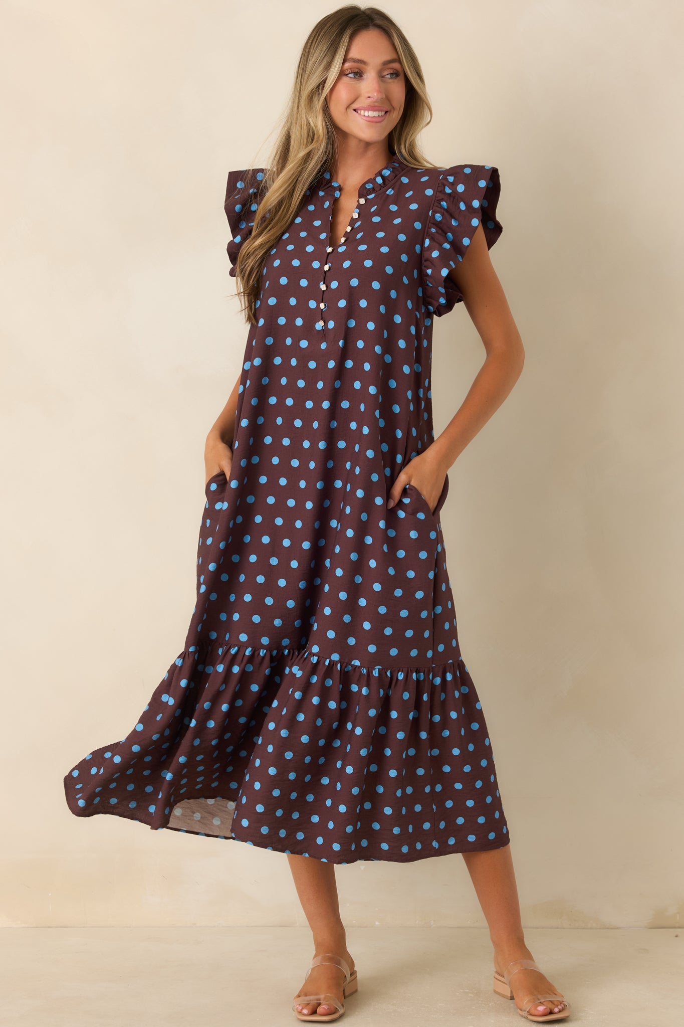 Get a Corner Table Brown & Blue Polka Dot Flutter Sleeve Midi Dress