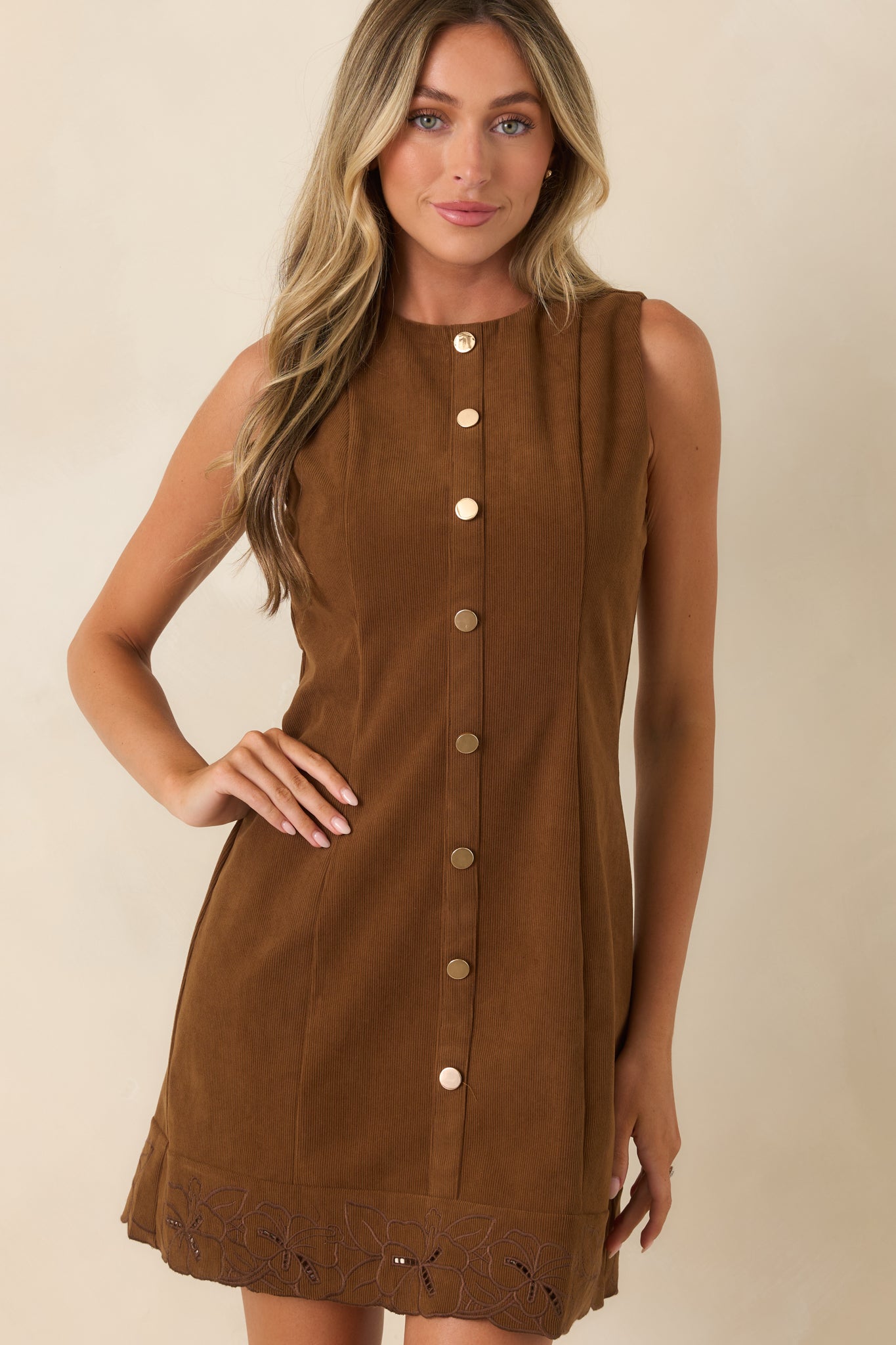 In Fine Detail Brown Corduroy Embroidered Mini Dress