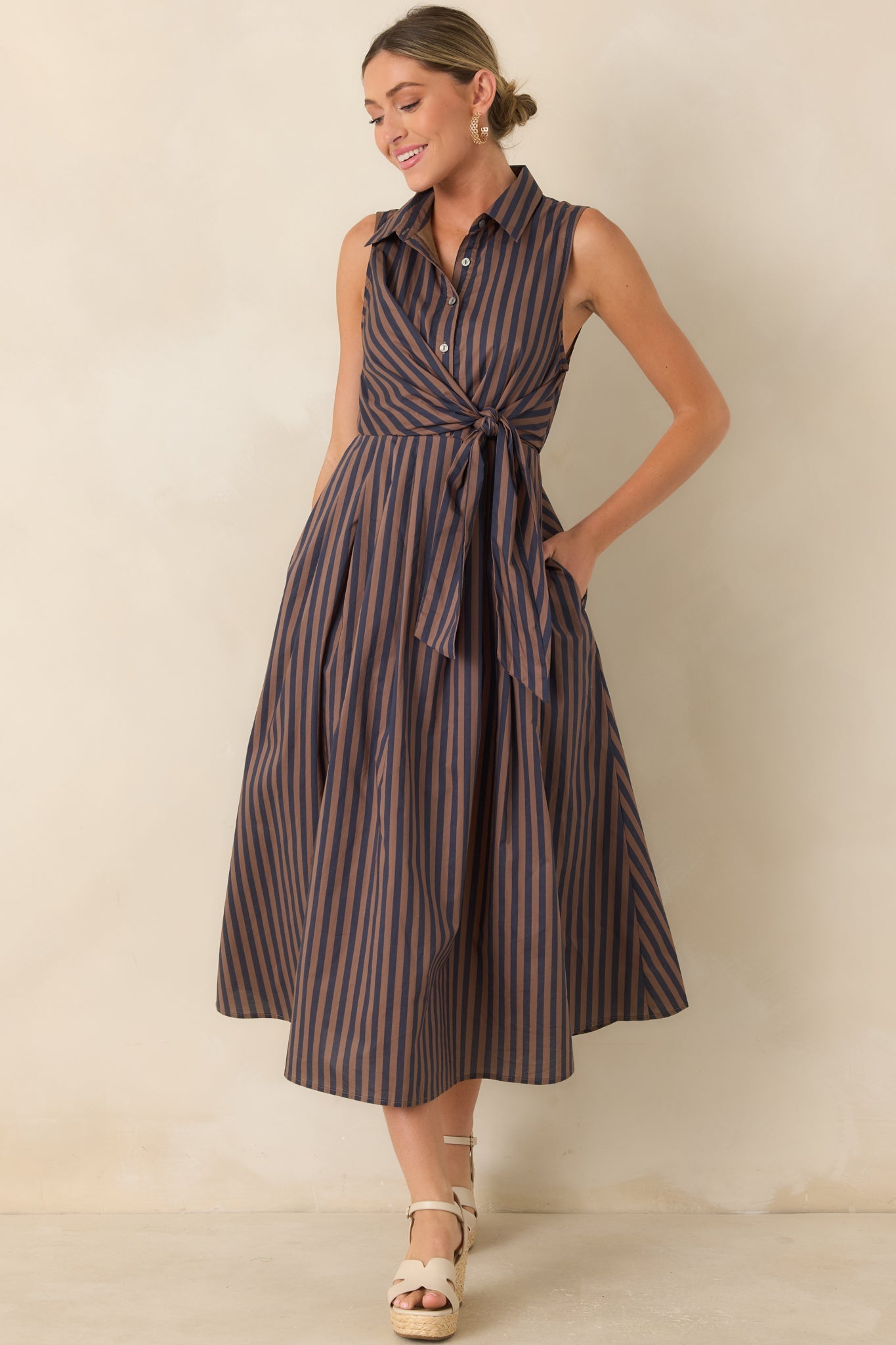 Taking Shape Navy & Tan Striped Tie Front Cotton Midi Dress