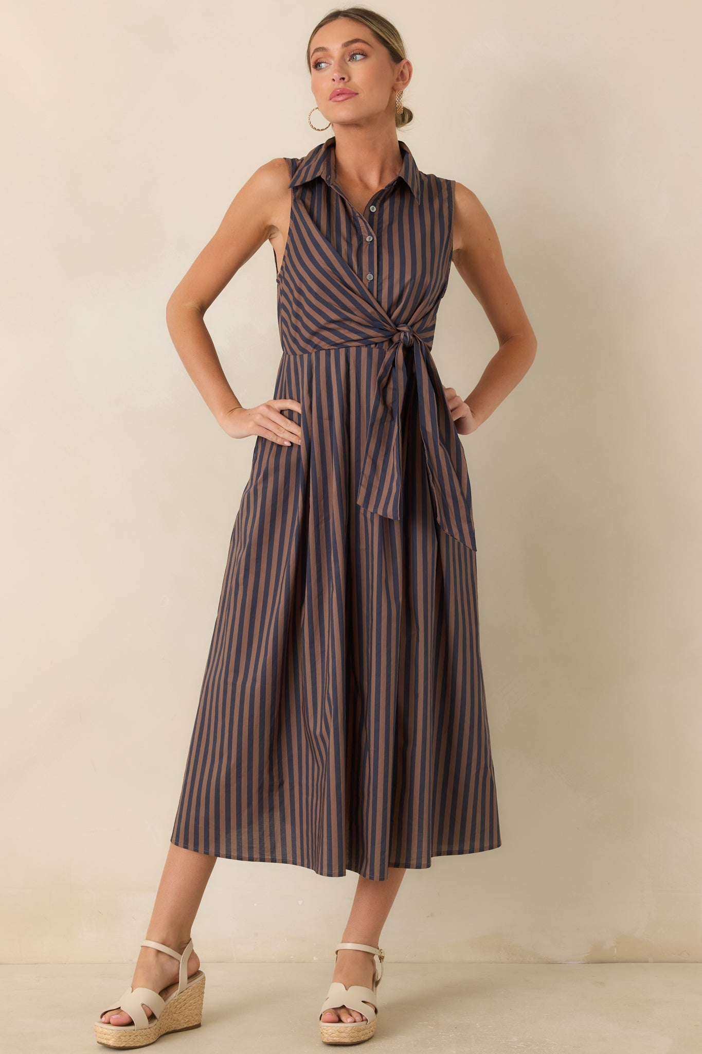 Taking Shape Navy & Tan Striped Tie Front Cotton Midi Dress