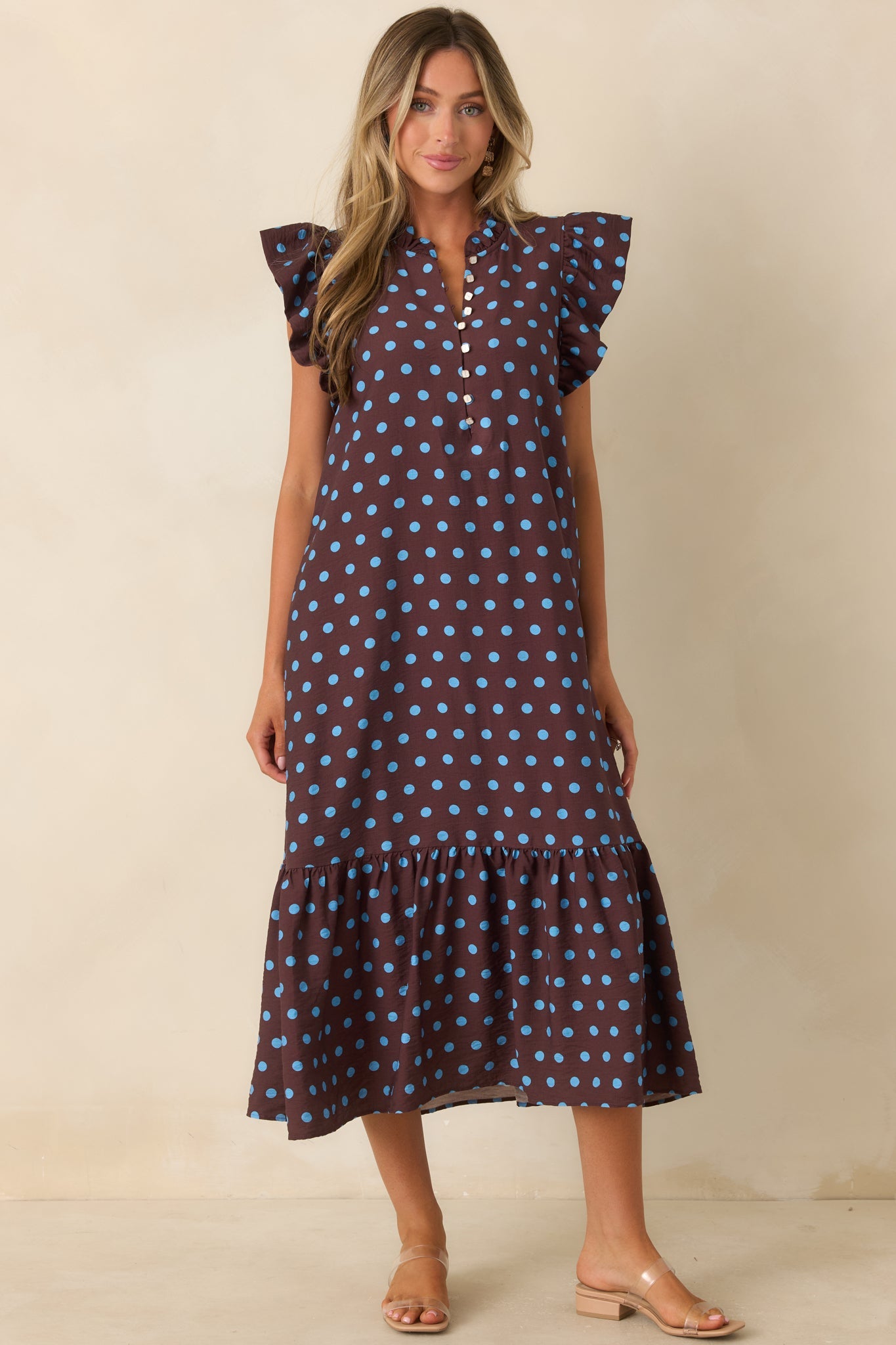 Get a Corner Table Brown & Blue Polka Dot Flutter Sleeve Midi Dress