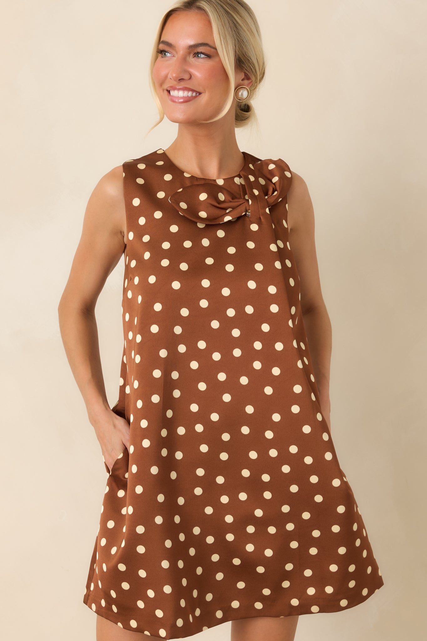 Love in Plain Sight Brown Polka Dot Bow Mini Shift Dress