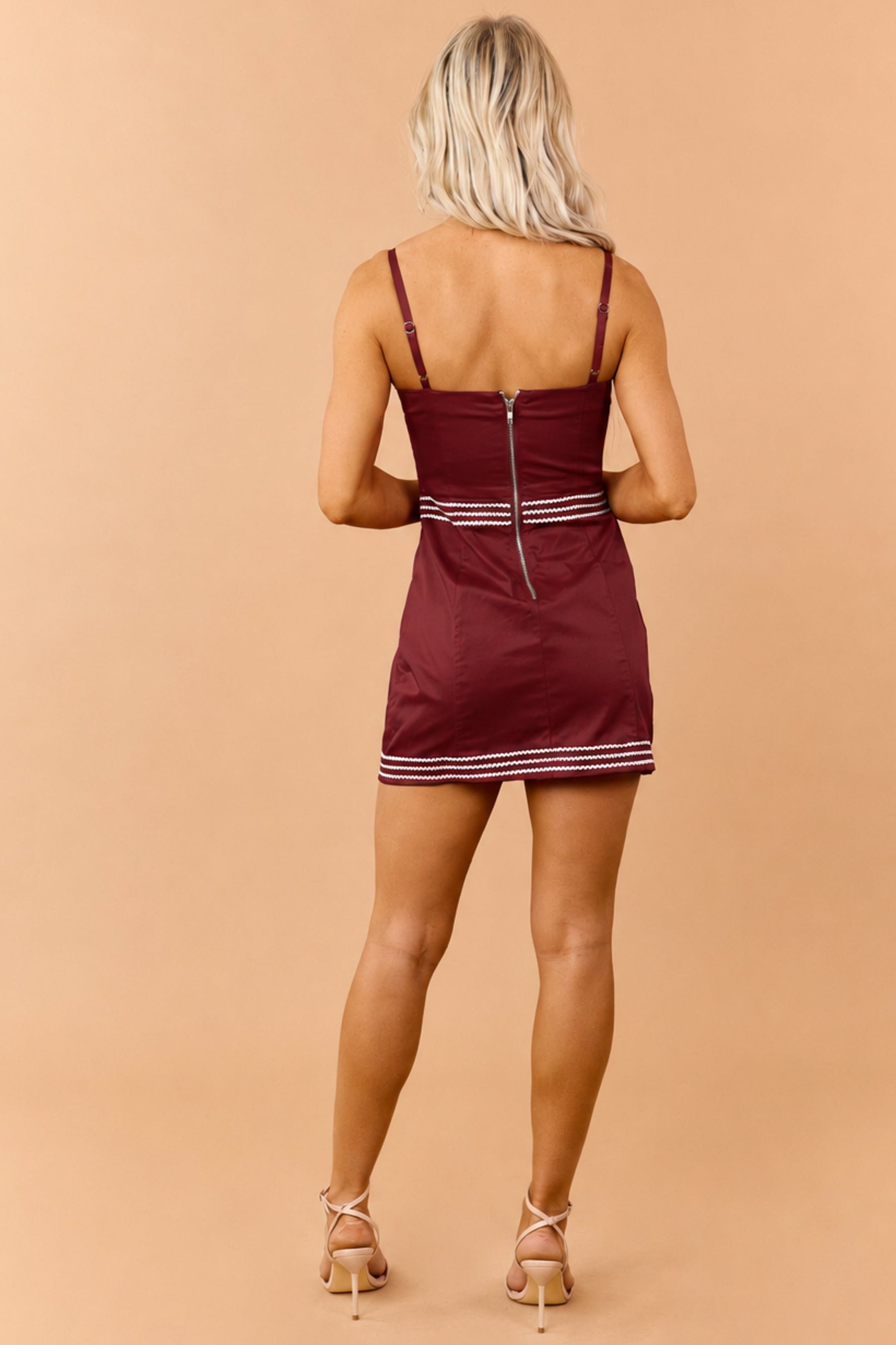 PRE-ORDER Burgundy Cotton Contrast Rick Rack Detail Mini Dress SHIP ETA 9/5