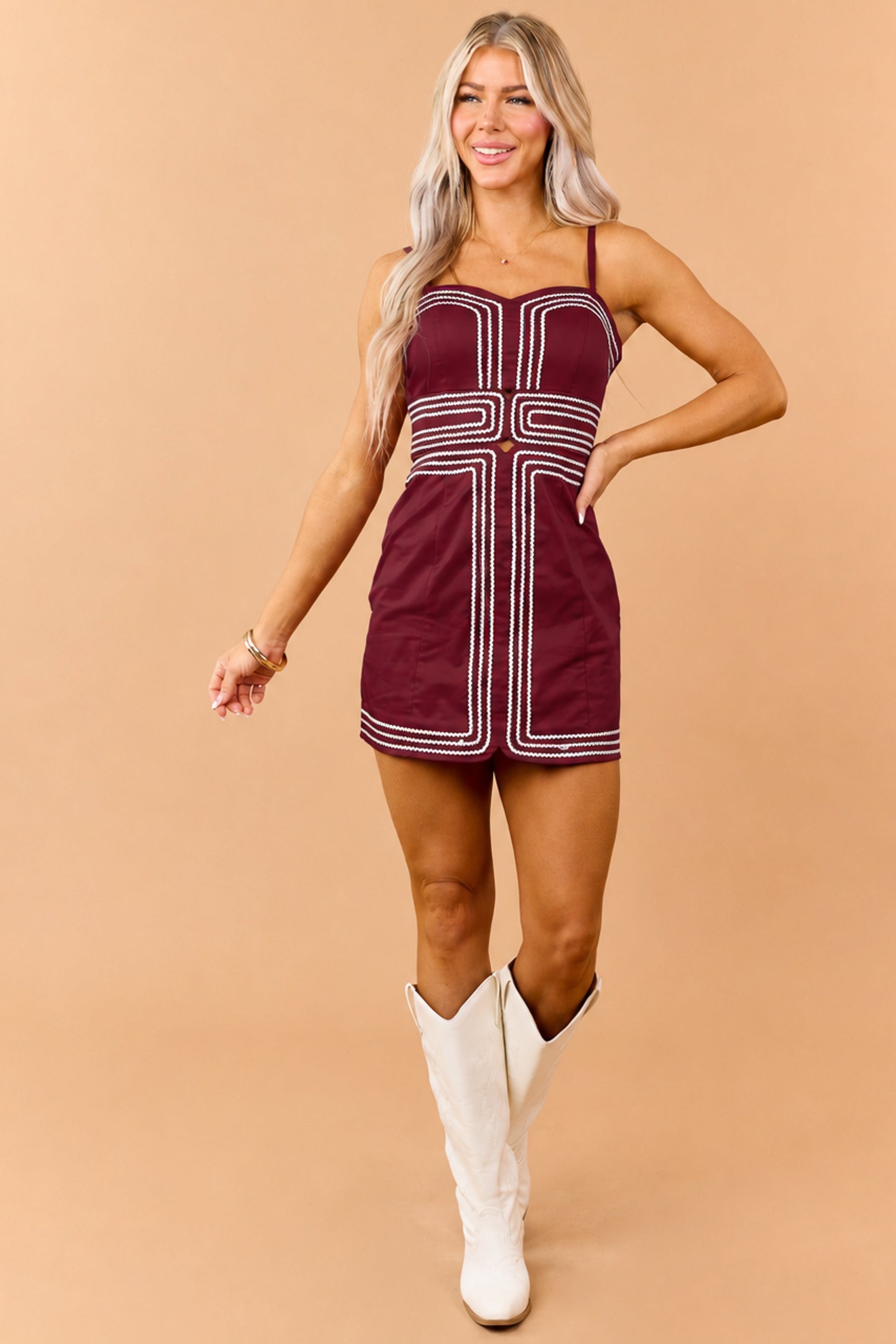 PRE-ORDER Burgundy Cotton Contrast Rick Rack Detail Mini Dress SHIP ETA 9/5