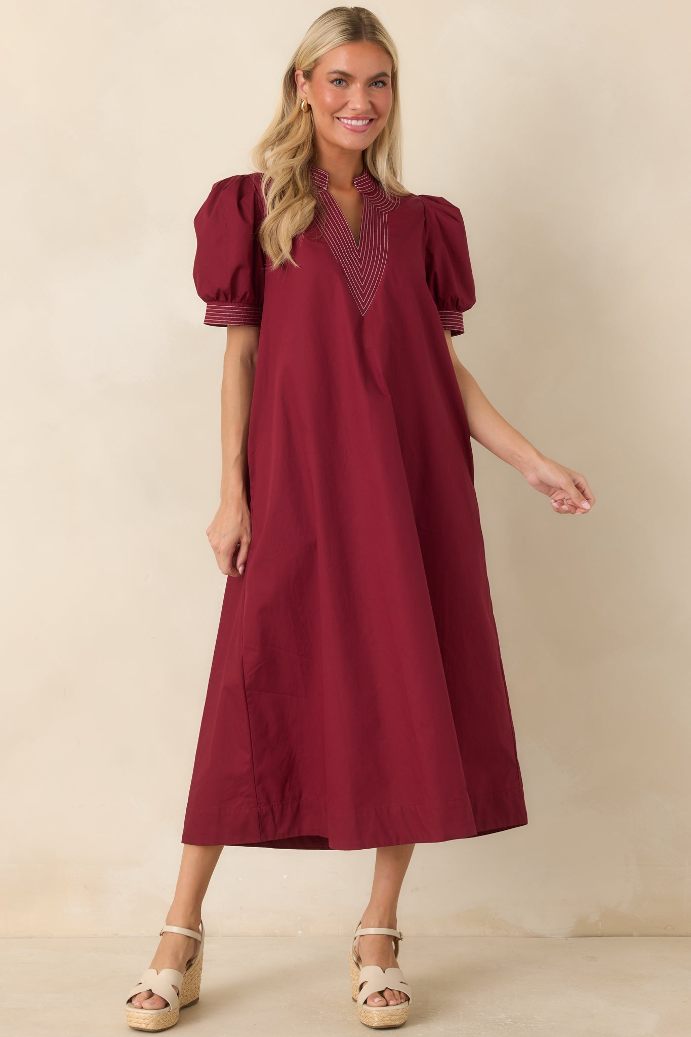 She Makes a Strong Point Burgundy Contrast Stitch Cotton Midi Dress
