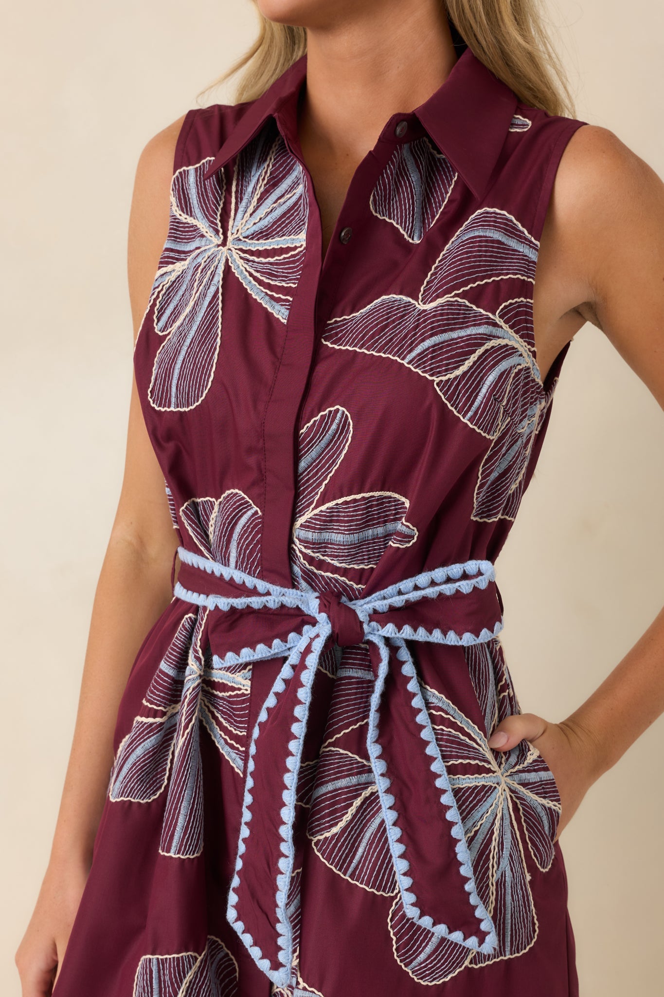 Drawn to You Burgundy & Light Blue Floral Embroidered Mini Dress