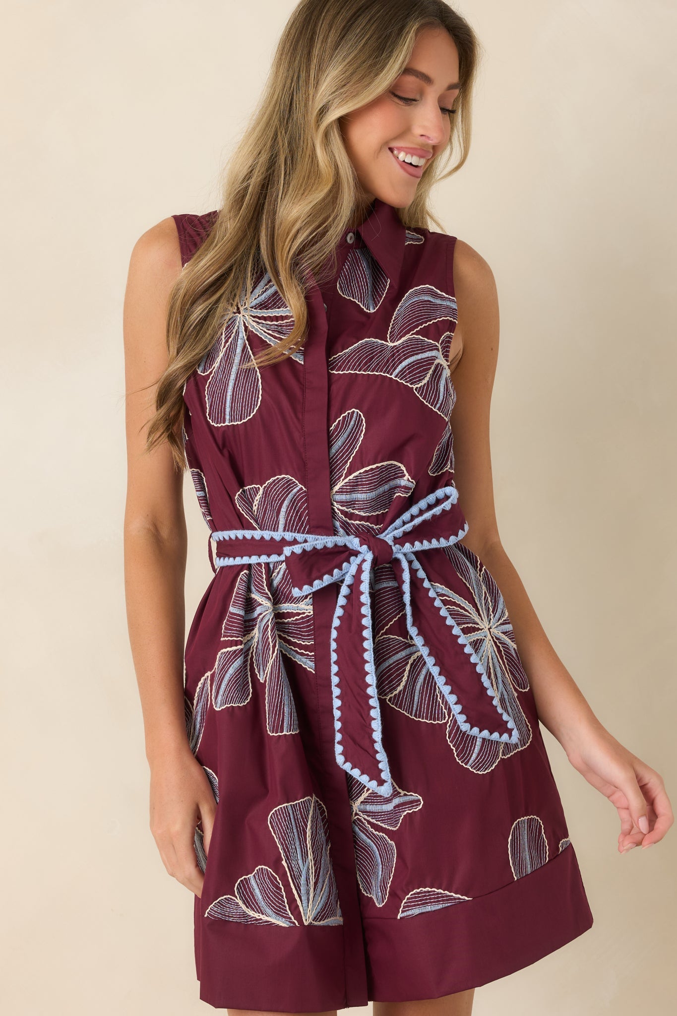 Drawn to You Burgundy & Light Blue Floral Embroidered Mini Dress