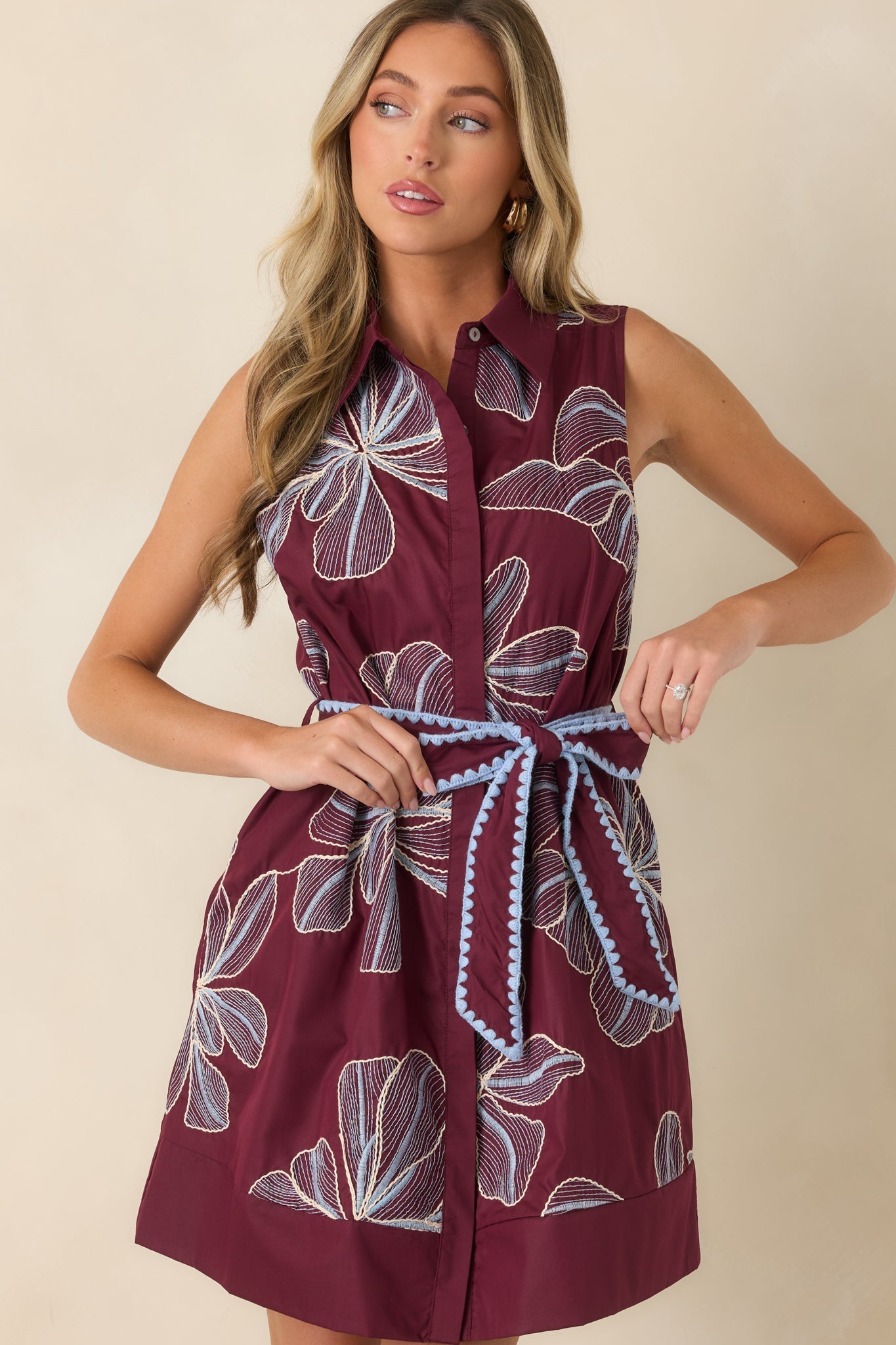 Drawn to You Burgundy & Light Blue Floral Embroidered Mini Dress