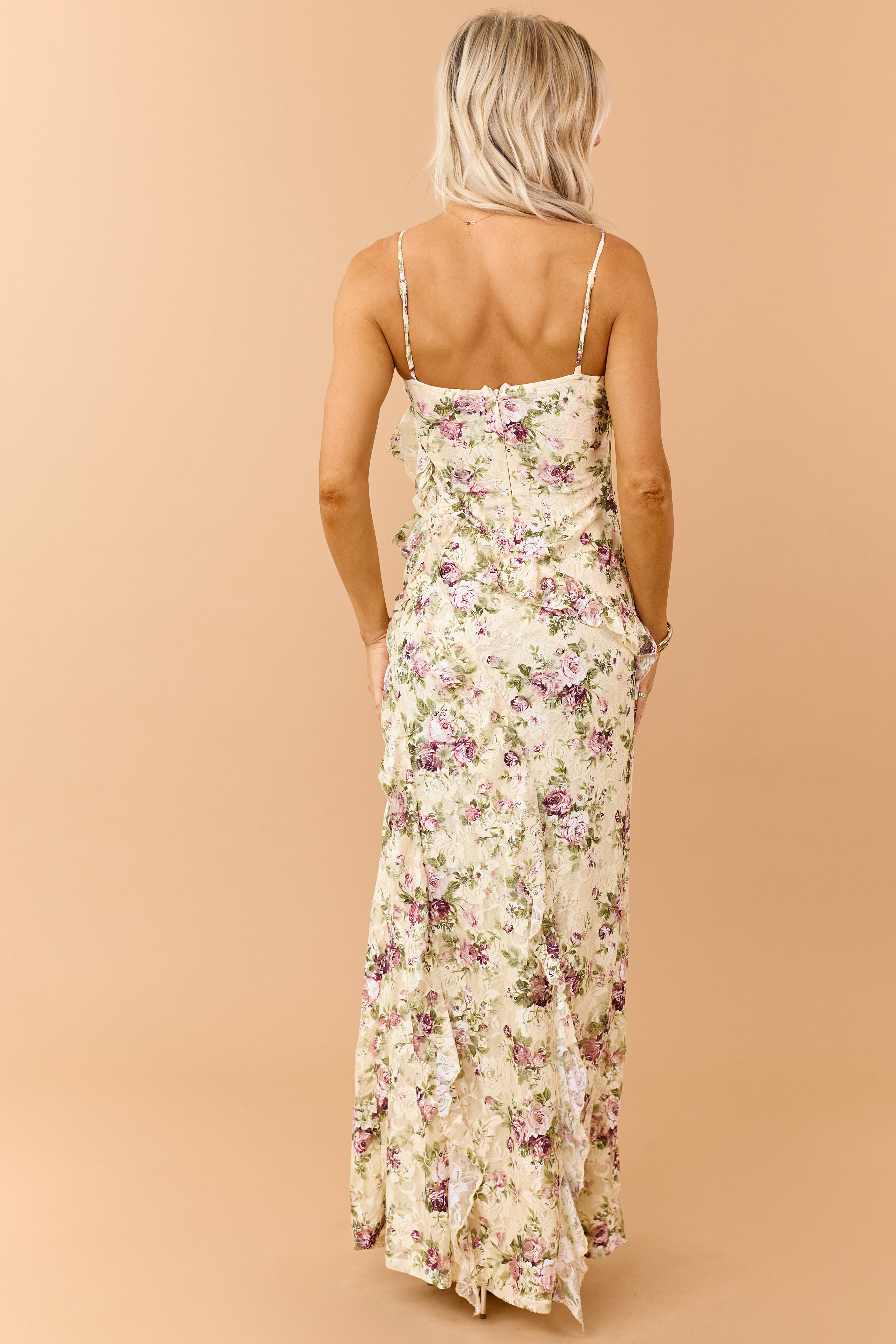 Buttercream Floral Print Ruffle Mesh Lace Maxi Dress