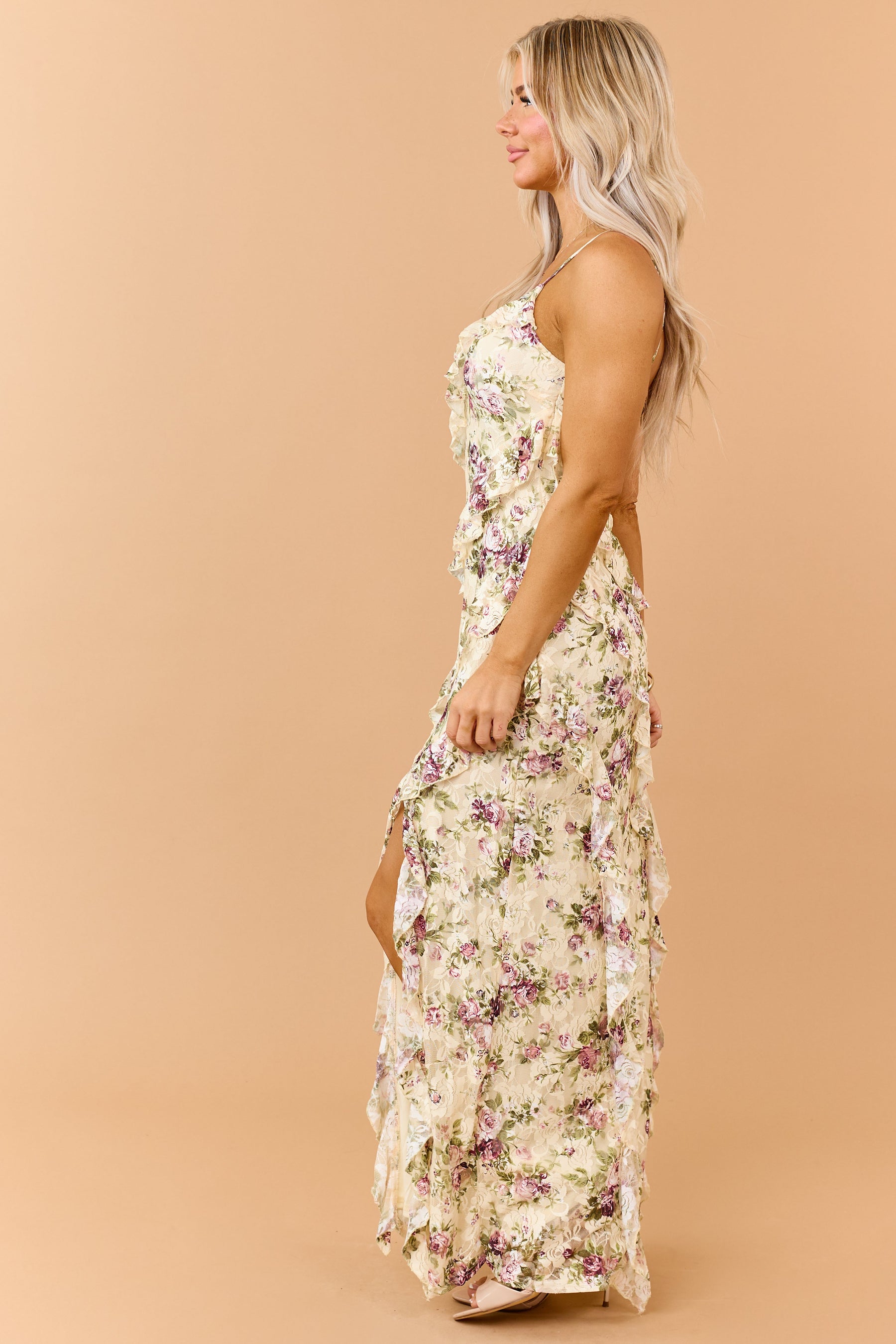 Buttercream Floral Print Ruffle Mesh Lace Maxi Dress
