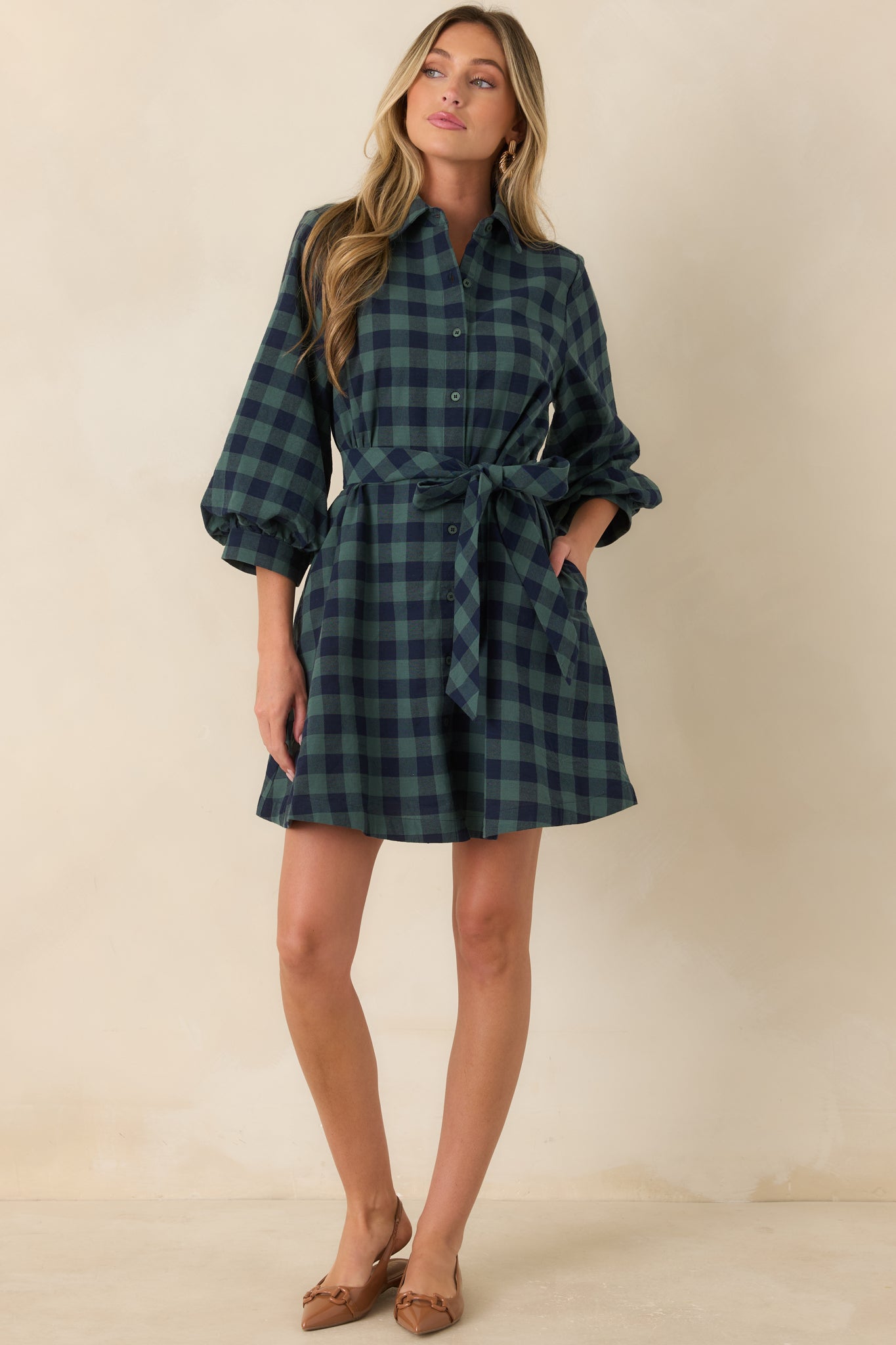Worth Considering Navy & Jade Cotton Plaid Mini Shirt Dress