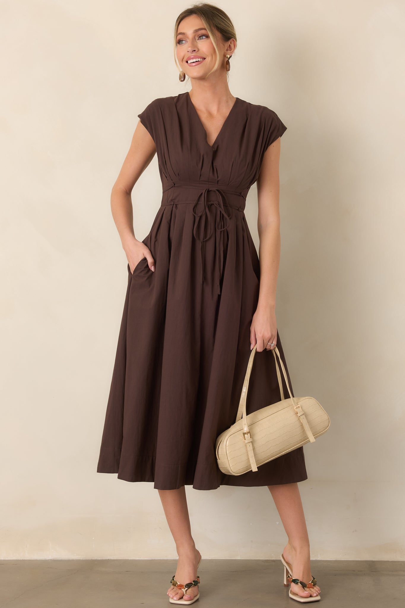 Gentle Reminders Brown Cotton Pleated V-Neck Midi Dress