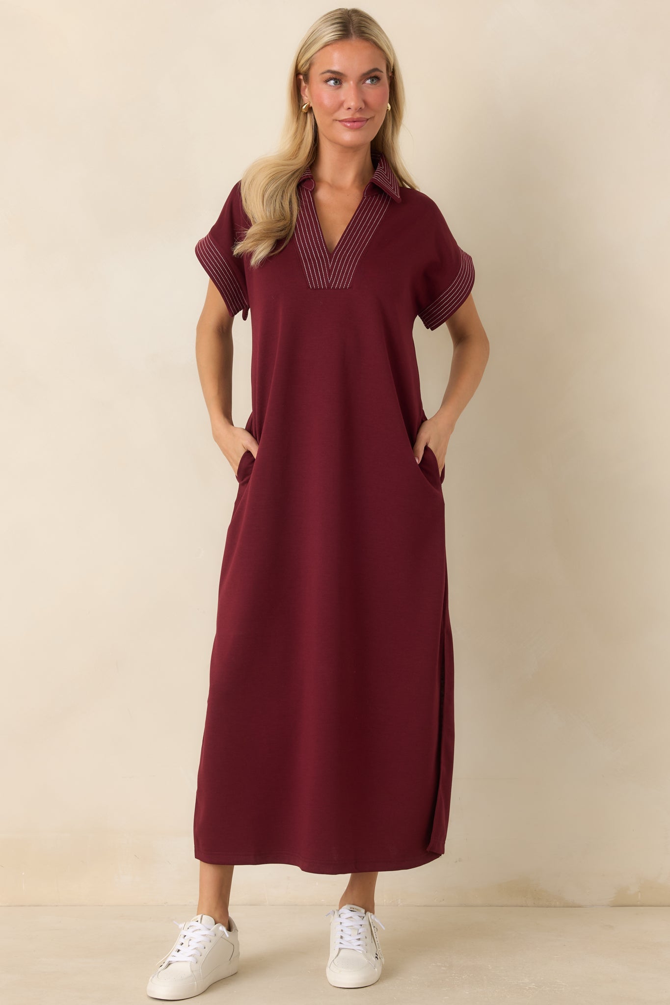 One Less Thing Wine V-Neck Contrast Pinstripe Maxi Dress