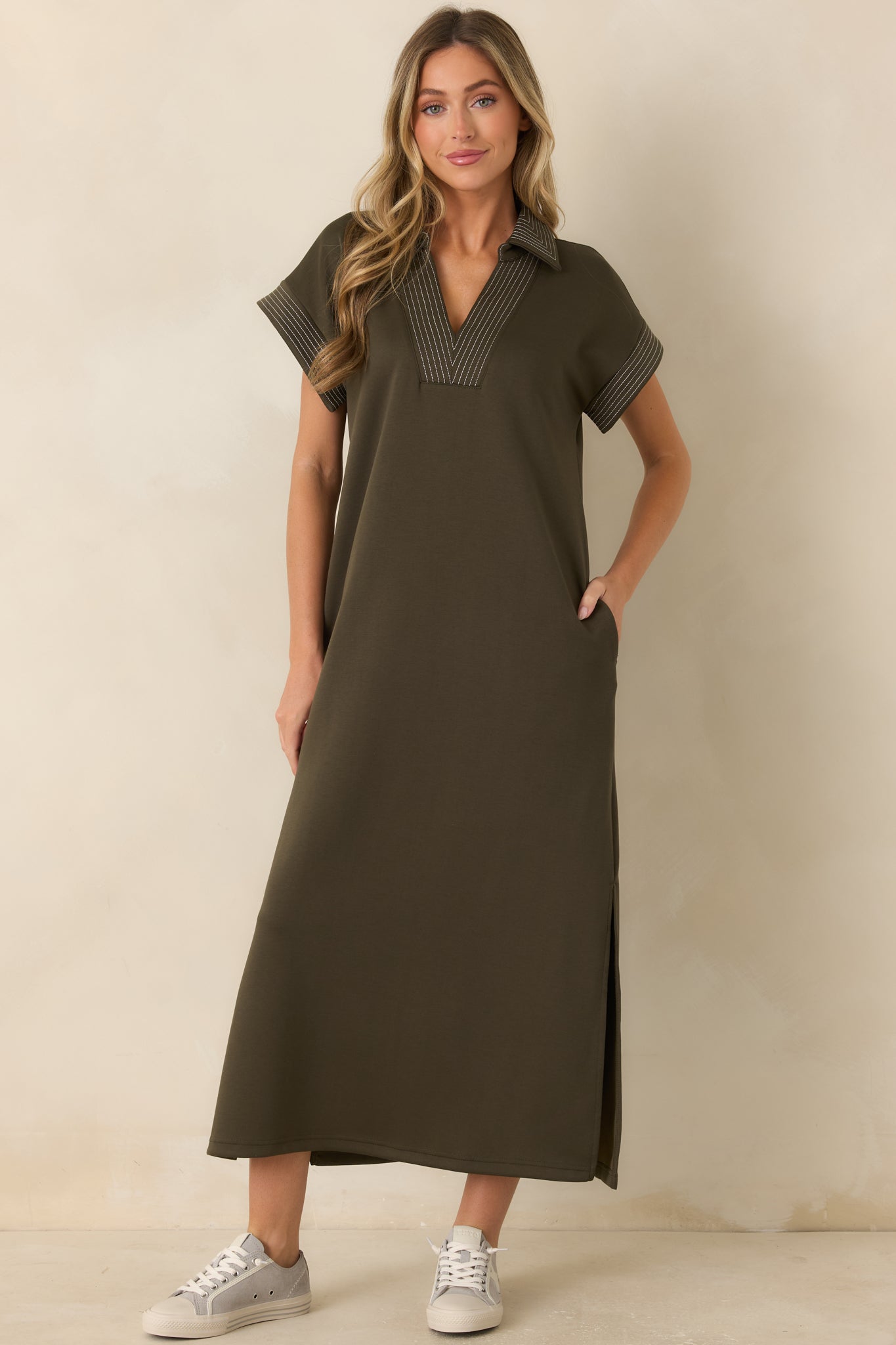 One Less Thing Olive Green V-Neck Contrast Pinstripe Maxi Dress