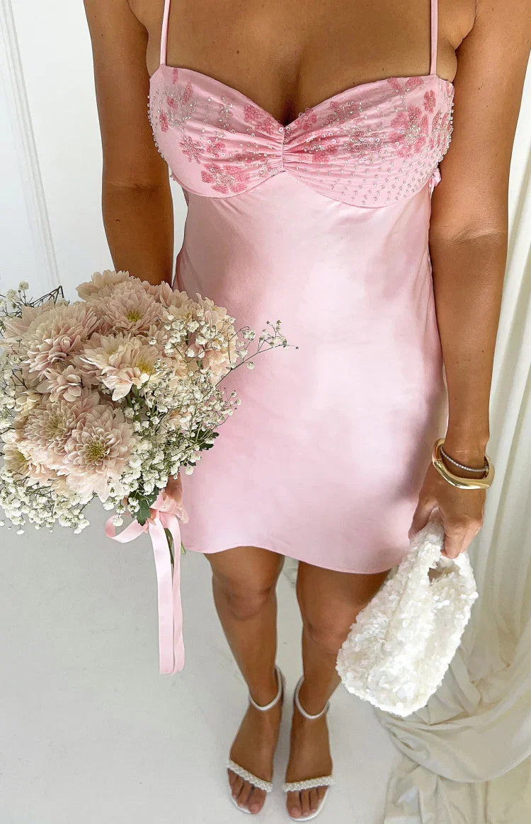 Chilli Pink Beaded Bust Satin Mini Dress